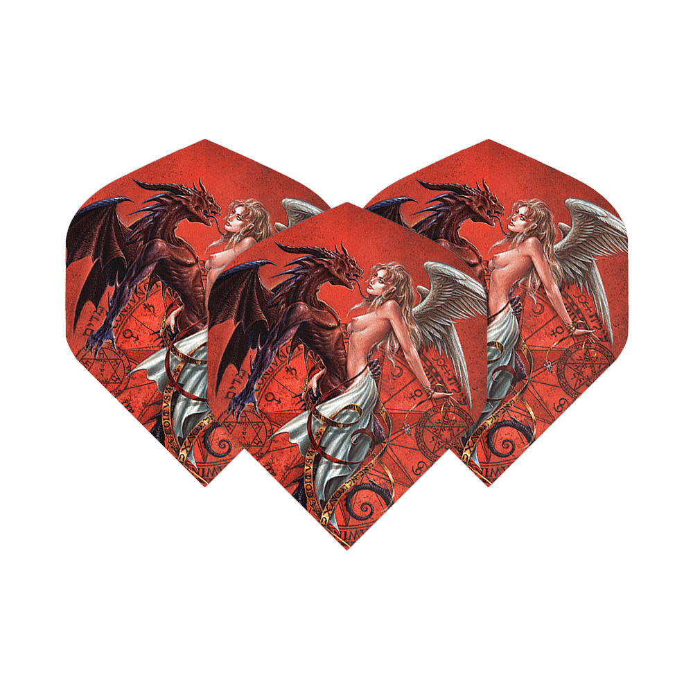 Alchemy Chemical Wedding No2 Voli Standard Das Bild zeigt drei Dartflights mit einem roten Hintergrund und einem fantasievollen Motiv. Auf den Flights sind ein weiblicher Engel und ein Drache abgebildet, die sich gegenüberstehen.