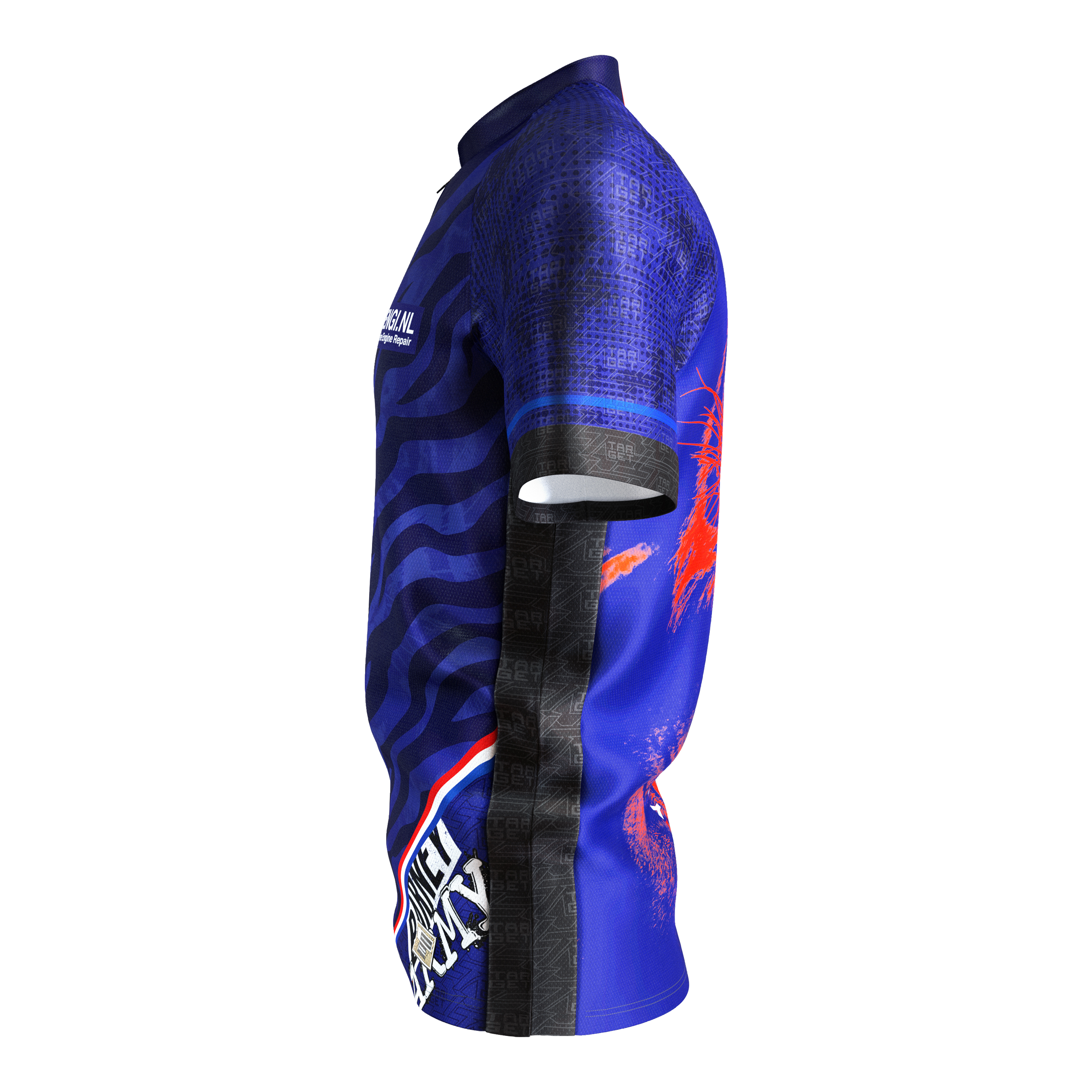 Maglia da freccette Target Coolplay Raymond Van Barneveld 2025 Das Bild zeigt das Target Coolplay Raymond Van Barneveld 2025 Dartshirt. Das Shirt ist überwiegend blau mit schwarzen und roten Akzenten und auffälligem Design.