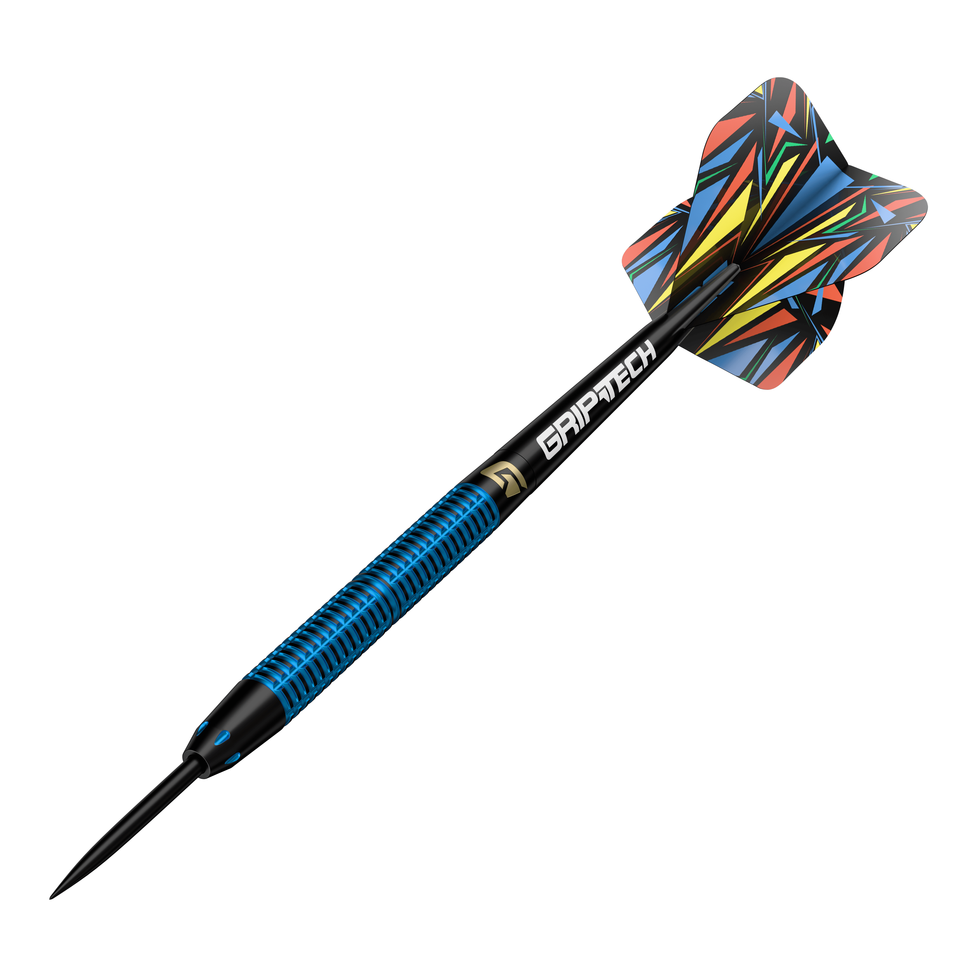 Freccette in acciaio GOAT Athlete Blue Brass - 12 g Dies ist der GOAT Athlete Blue Brass Steeldart mit einem Gewicht von 12g. Er hat ein auffälliges, bunt gemustertes Flight und einen blau-schwarzen Schaft mit der Aufschrift "GRIPTECH".