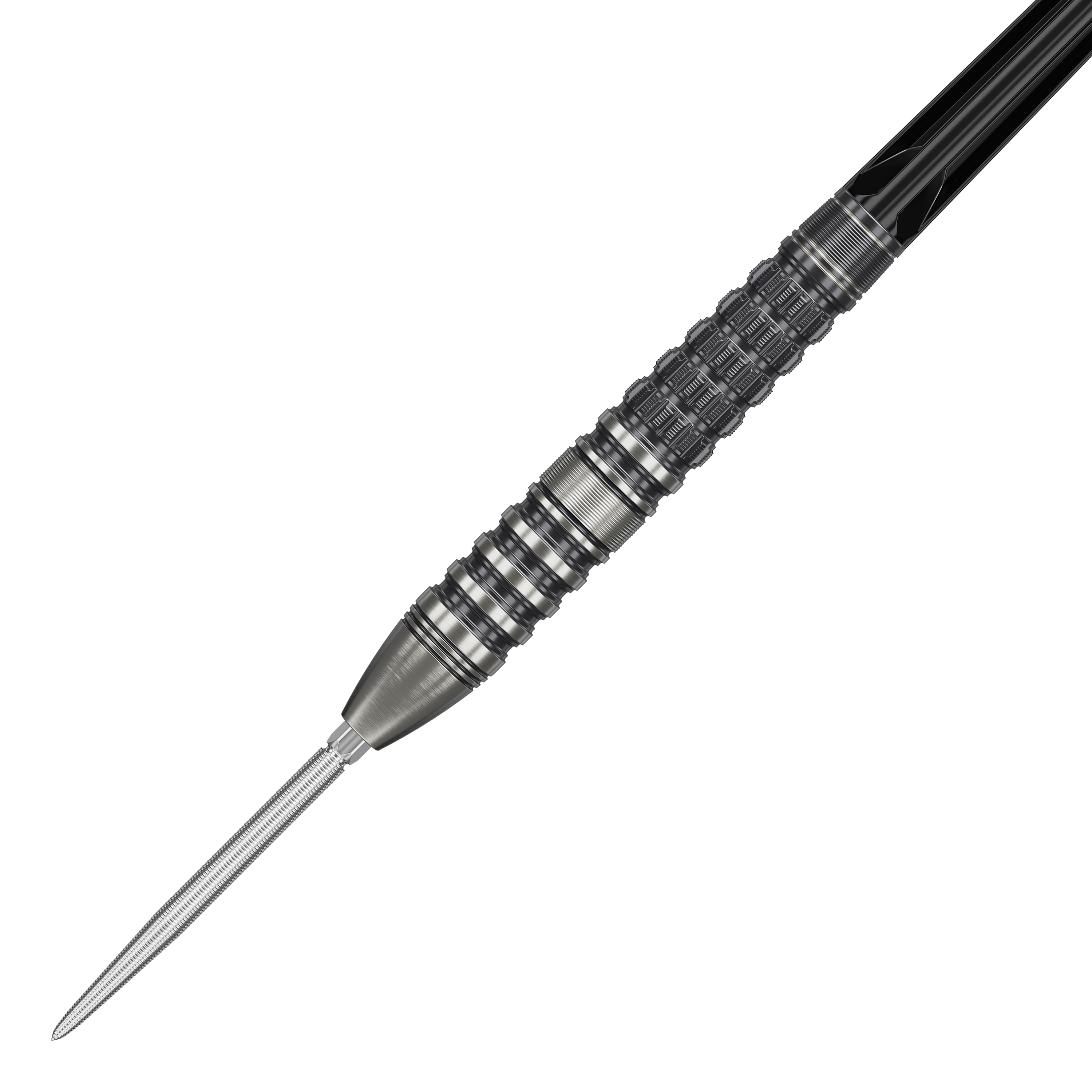 Freccette in acciaio Target Japan Black Marque Lumiere GEN3 Das Bild zeigt den Target Japan Black Marque Lumiere GEN3 Steeldart. Der Dart hat ein silbernes, fein strukturiertes Barrel mit schwarzen Akzenten und einer scharfen Spitze.