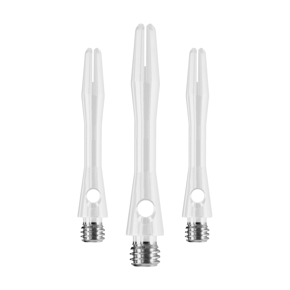 HR372_Harrows_Keramic_Shafts_Weiss_35mm_1 Das Bild zeigt drei weiße Harrows Keramic Shafts für Darts. Sie haben einen glänzenden Metallgewinde am unteren Ende.