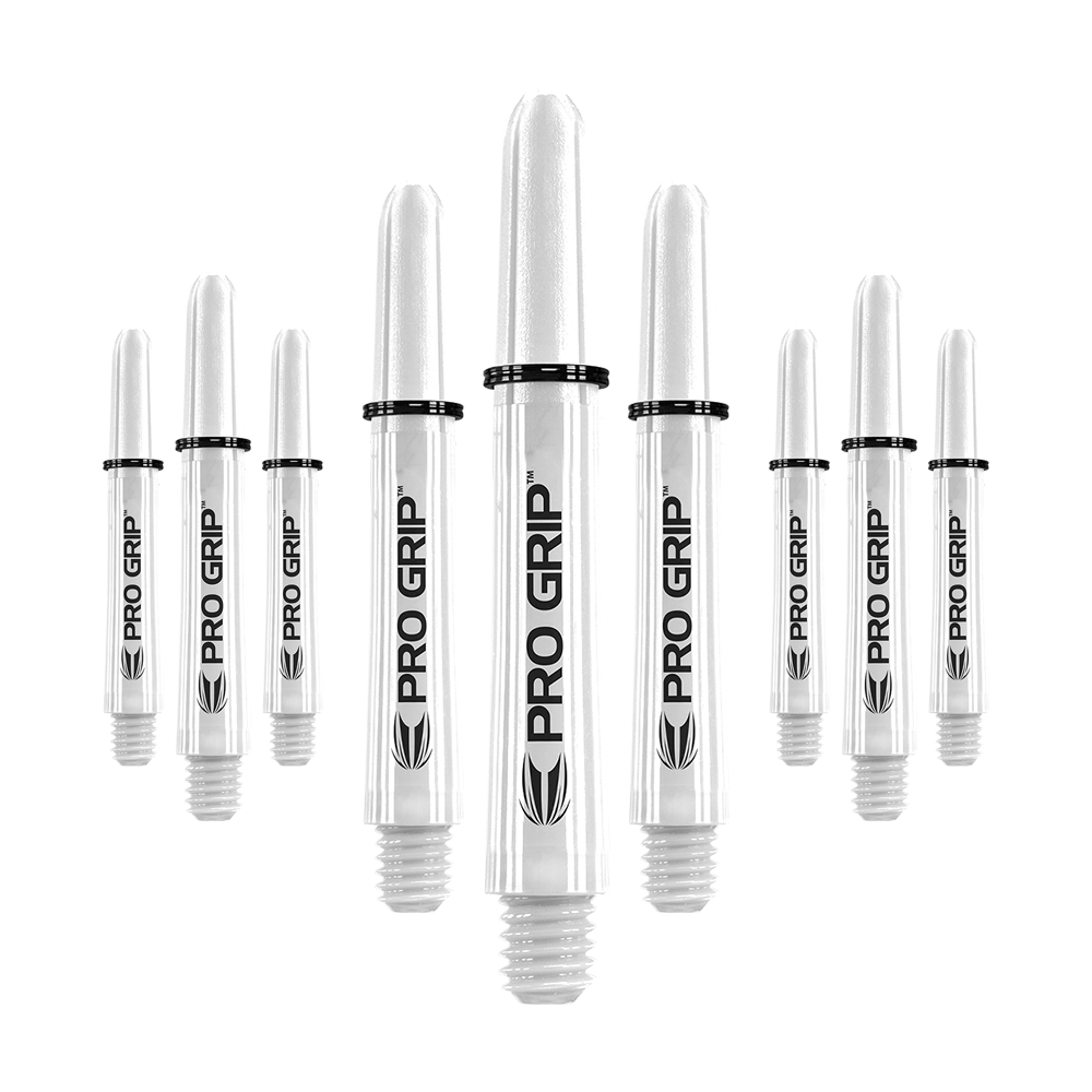 Target Pro Grip Shafts - 3 set - Bianco Auf dem Bild sind neun weiße Dart-Schäfte mit der Aufschrift "Pro Grip" abgebildet. Sie sind gleichmäßig angeordnet und wirken hochwertig verarbeitet.