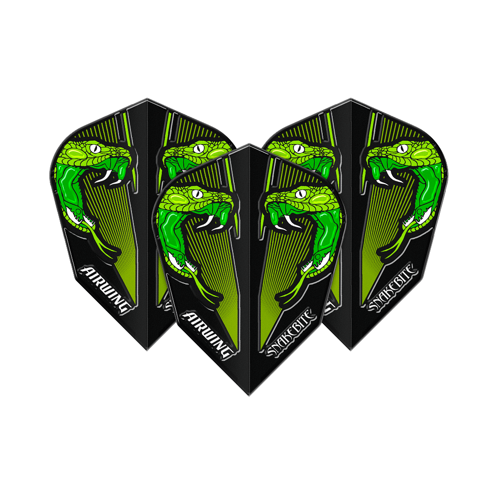 Voli standard Green V di Peter Wright Airwing del Red Dragon Das Bild zeigt drei Dartflights mit einem auffälligen grünen Schlangenkopf-Design. Auf den Flights steht "AIRWING" und "SNAKEBITE".