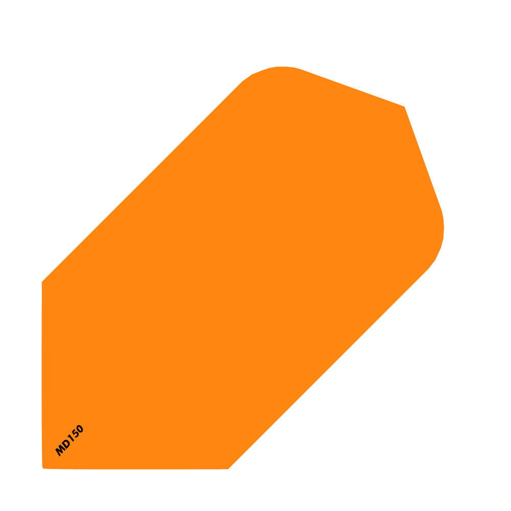 MCD207_McDart_MD150_Slim_Flights_Orange_1 Das Bild zeigt einen orangefarbenen Slim Flight für Darts mit der Aufschrift "MD150" in der Ecke. Es handelt sich um das Produkt "McDart MD150 Slim Flights".
