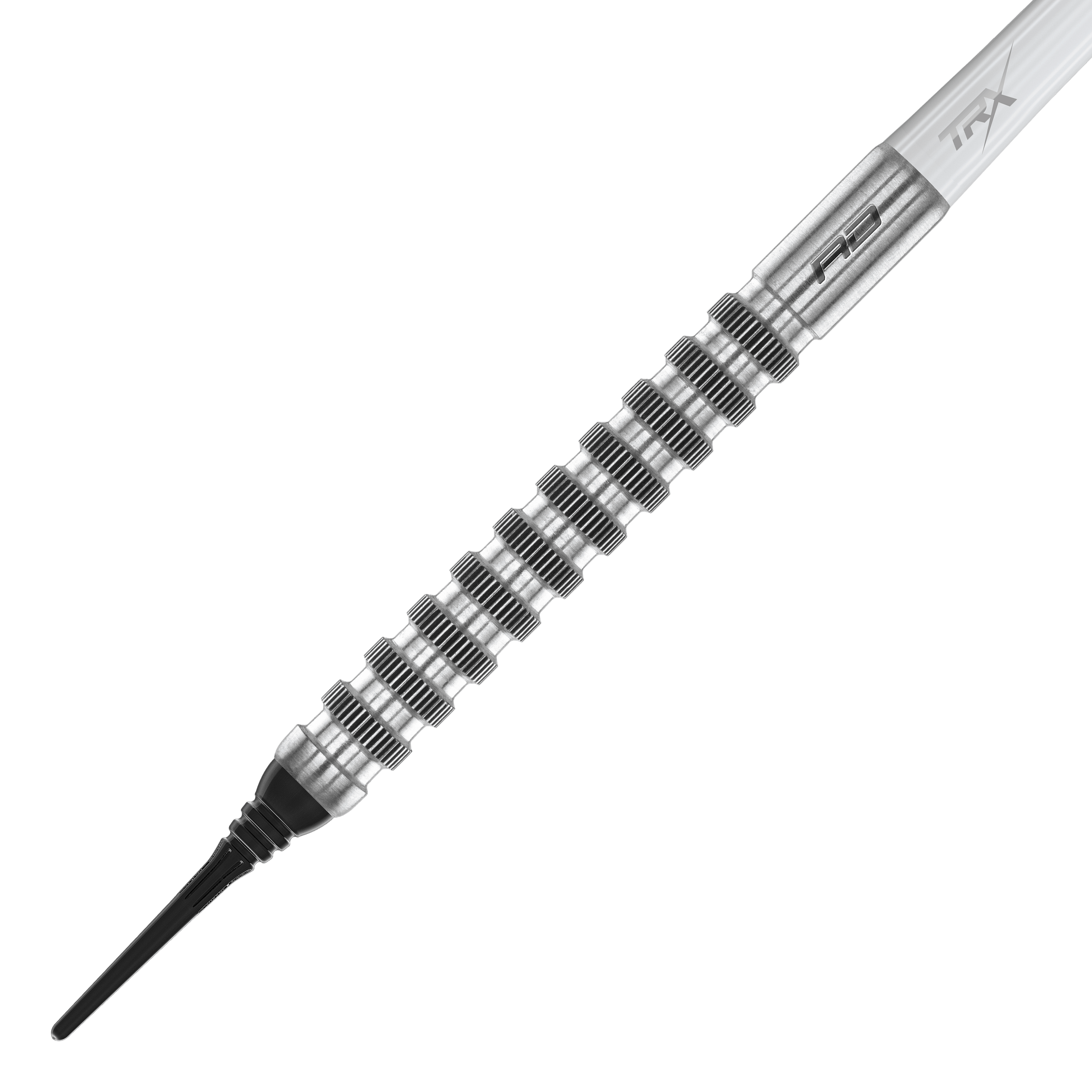 Freccette morbide Red Dragon Javelin Speedline - 20 g Das Bild zeigt einen Red Dragon Javelin Speedline Softdart mit einem Gewicht von 20g. Der Dart hat ein silbernes, geriffeltes Barrel und eine schwarze Softspitze.