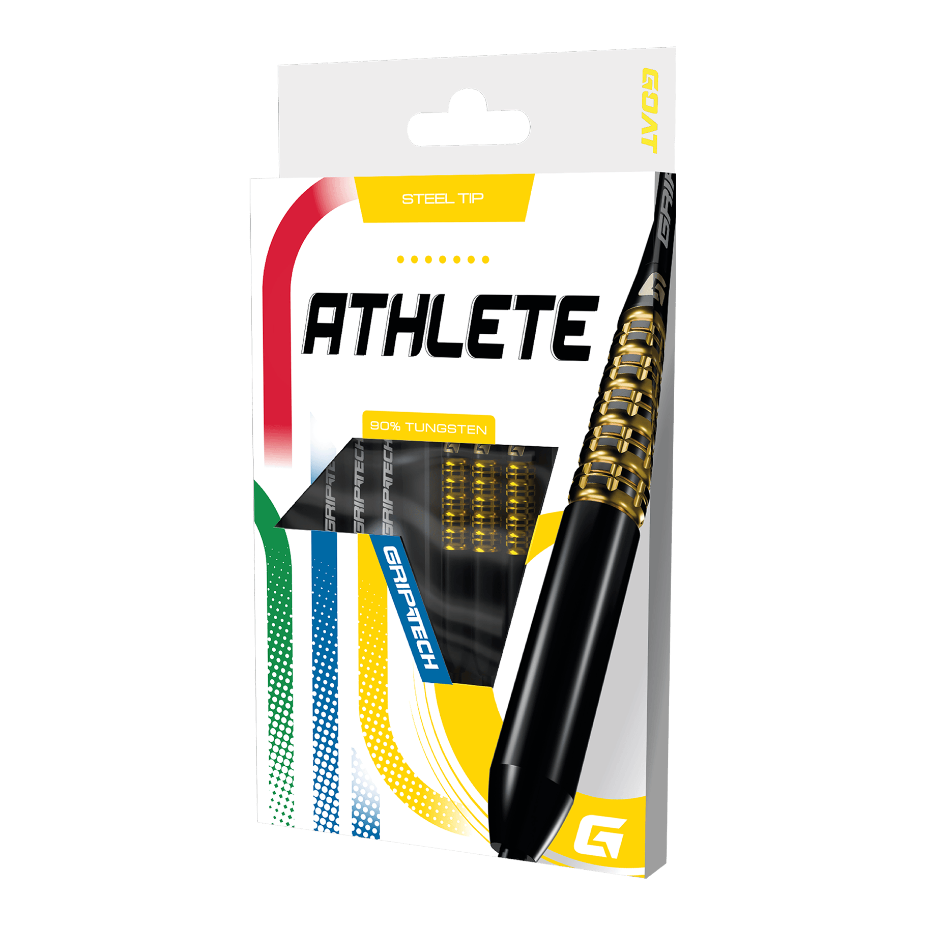 Freccette in acciaio al tungsteno giallo GOAT Athlete Das Foto zeigt einen gelben Tungsten-Steeldart. Das Produkt wird als 'GD7000770 GOAT Athlete Yellow Tungsten Steeldarts 3' bezeichnet.