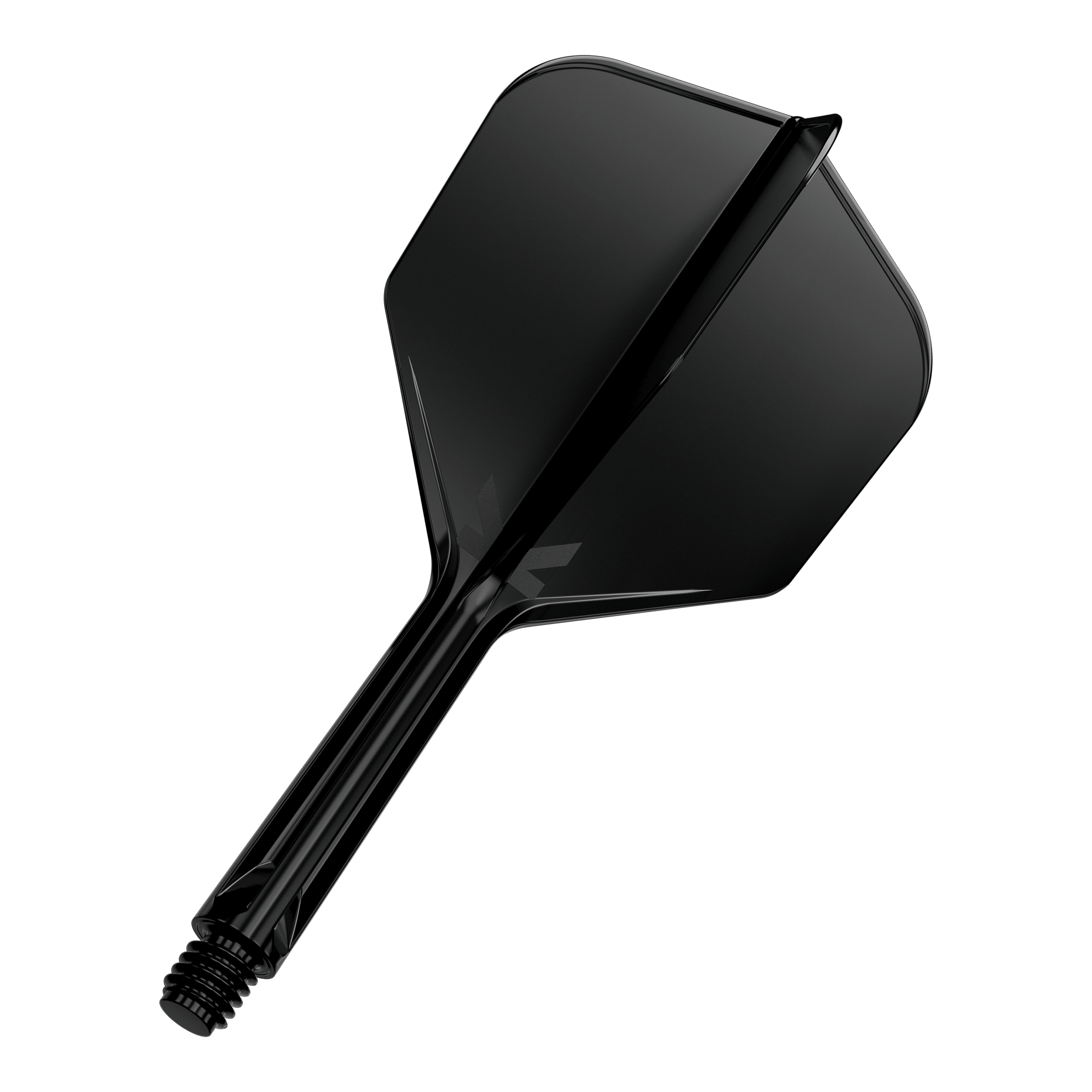 Sistema di volo Target K-Flex No6 - Nero Das Bild zeigt einen schwarzen Dartflügel mit Schaft auf schwarzem Hintergrund. Der Schaft ist mit einem Gewinde versehen und die Oberfläche wirkt glänzend.