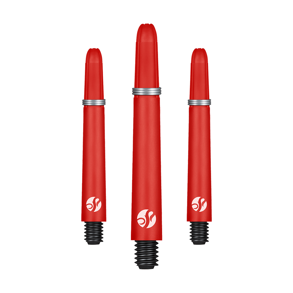 Shot Koi Carbon Shafts - Rosso Das Bild zeigt drei rote Dartschäfte mit schwarzen Gewinden und silbernen Ringen. Alle drei Schäfte haben ein weißes Logo aufgedruckt.
