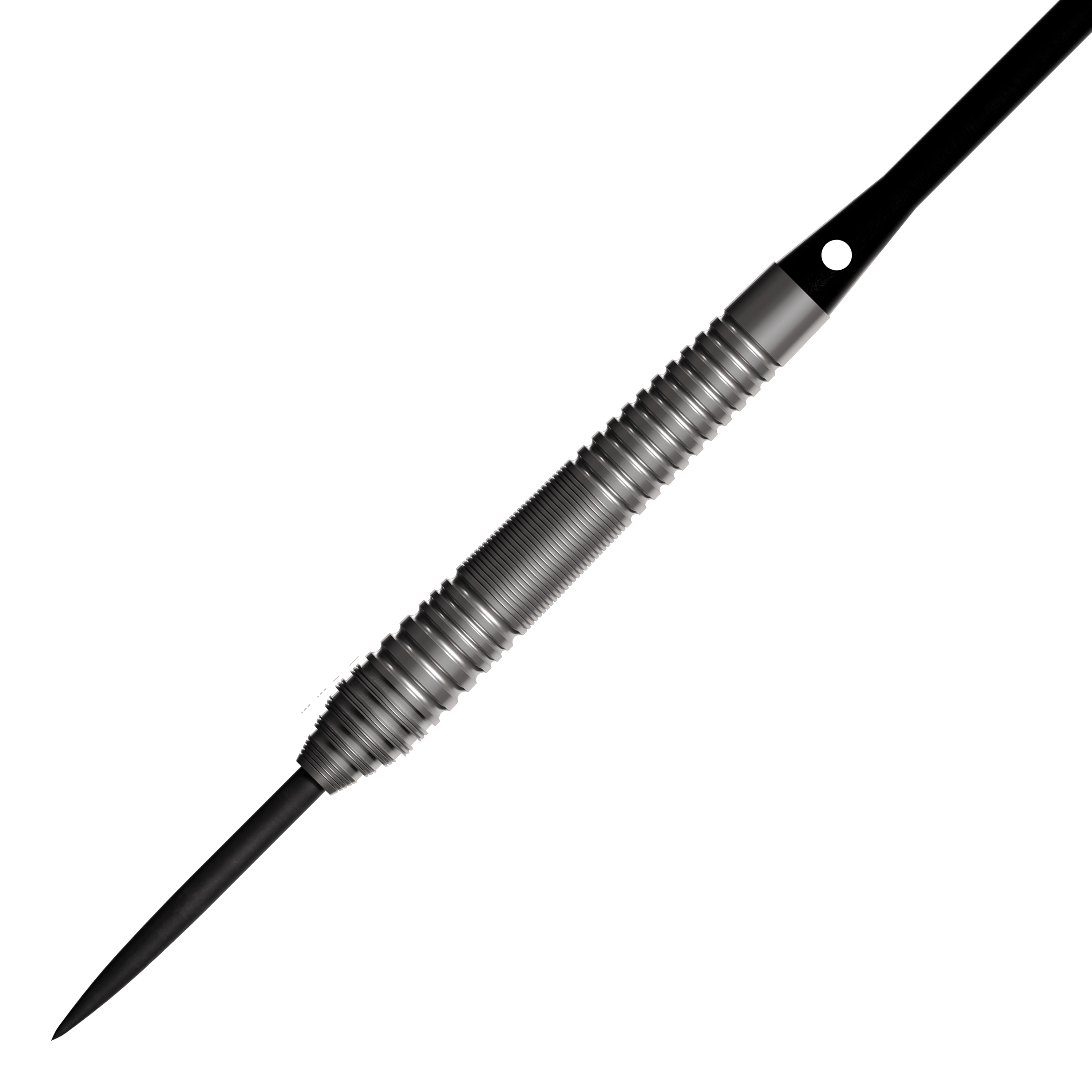 Bulls NL Dirk Van Duijvenbode 80 freccette in acciaio Auf dem Bild ist ein Steeldart mit einem silbernen, geriffelten Griff und einer schwarzen Spitze zu sehen. Es handelt sich um das Produkt "Bulls NL Dirk Van Duijvenbode 80 Steeldarts".