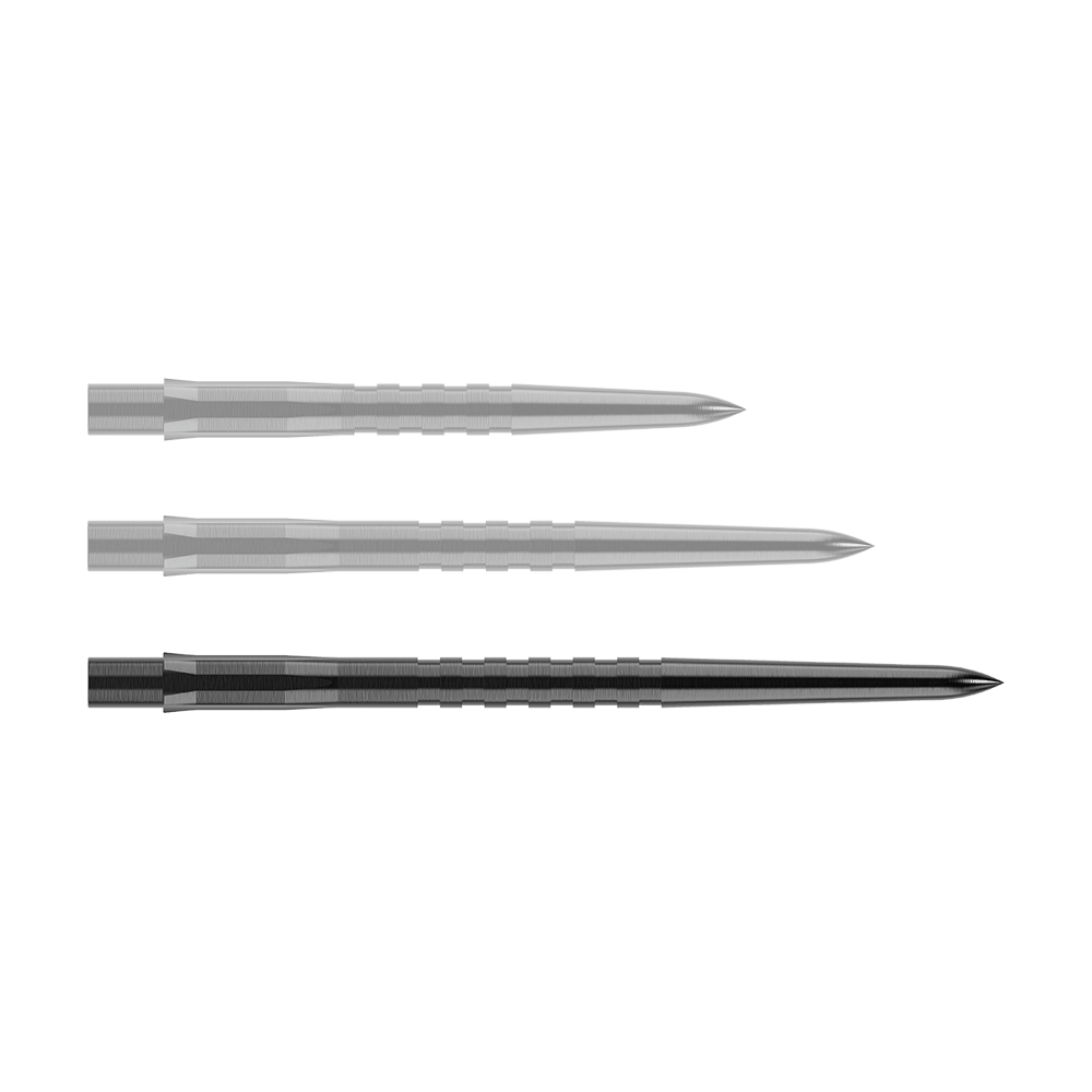 Auf dem Bild sind drei schwarze, gerillte Stahlspitzen für Steeldarts zu sehen. Sie liegen parallel nebeneinander auf einem neutralen Hintergrund.