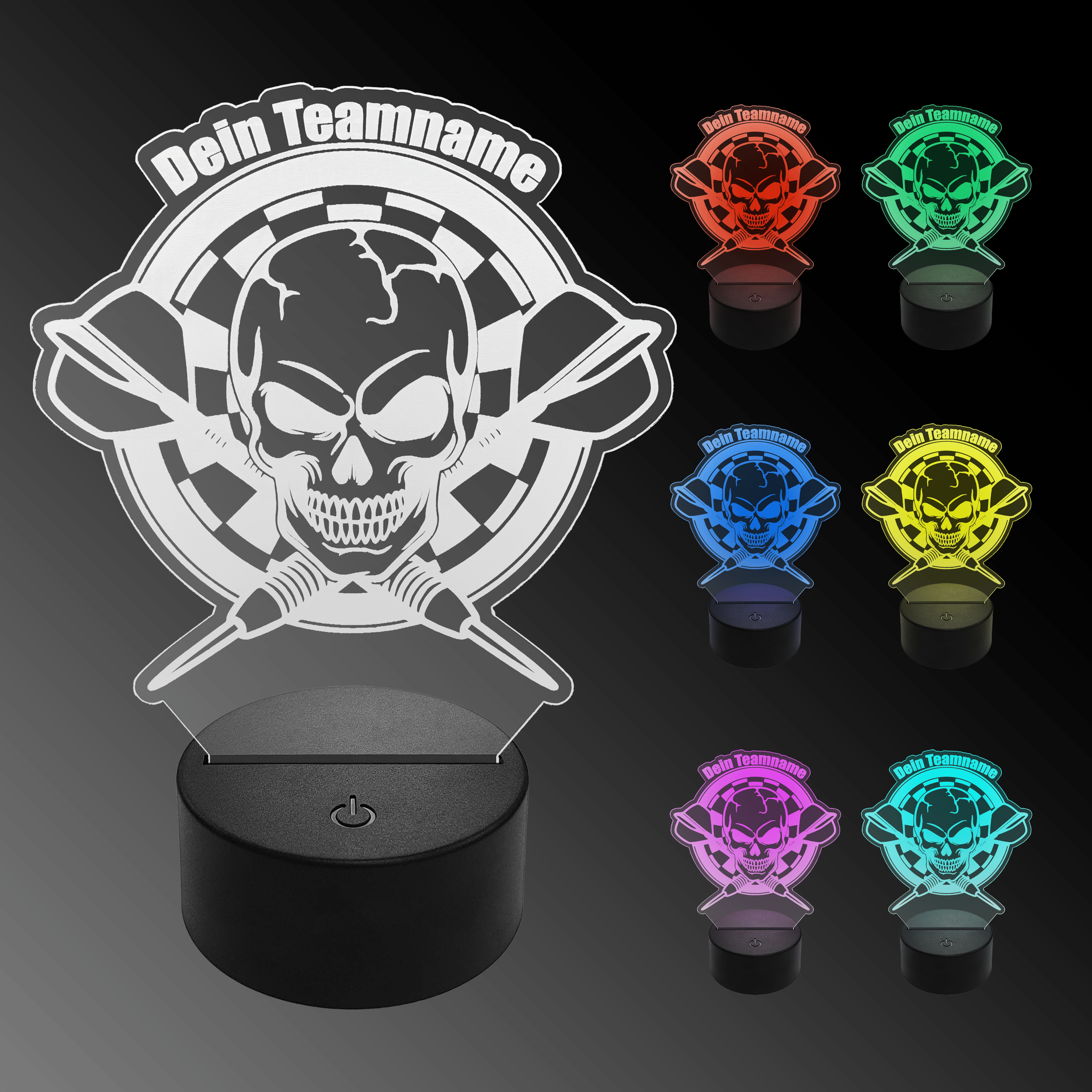Lampada a freccia a LED in plexiglass con testo personalizzato Das Bild zeigt eine LED-Lampe in Form eines Plexiglas-Schildes mit einem Totenkopf und Dartpfeilen, auf dem „Dein Teamname“ steht. Rechts sind sechs weitere Varianten der Lampe in verschiedenen Farben zu sehen.