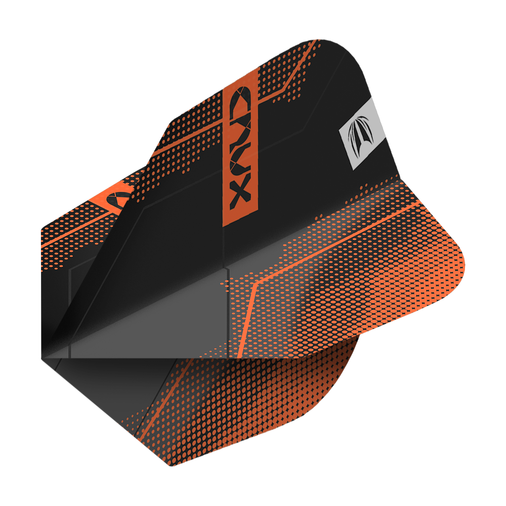 Target Pro Ultra Crux No6 Flights - 3 set - 3 set Das Bild zeigt einen schwarzen Dartflight mit orangefarbenen Akzenten und dem Schriftzug "CRUX". Das Produkt heißt "Target Pro Ultra Crux No6 Flights - 3 Sets".