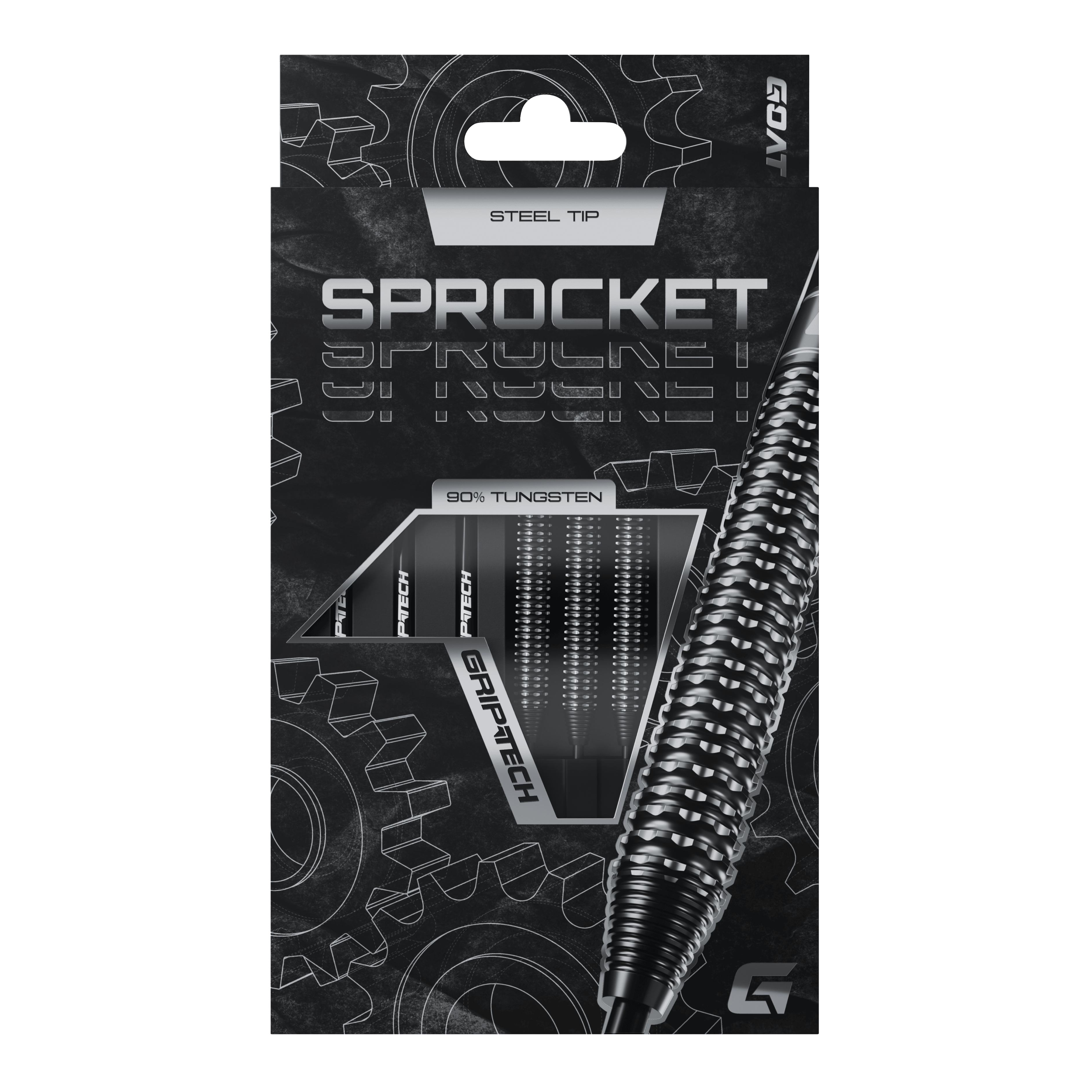 Freccette in acciaio al tungsteno GOAT Sprocket Die Abbildung zeigt die Verpackung der GOAT Sprocket Tungsten Steeldarts. Auf der Packung sind die Eigenschaften wie "Steel Tip" und "90% Tungsten" deutlich hervorgehoben.