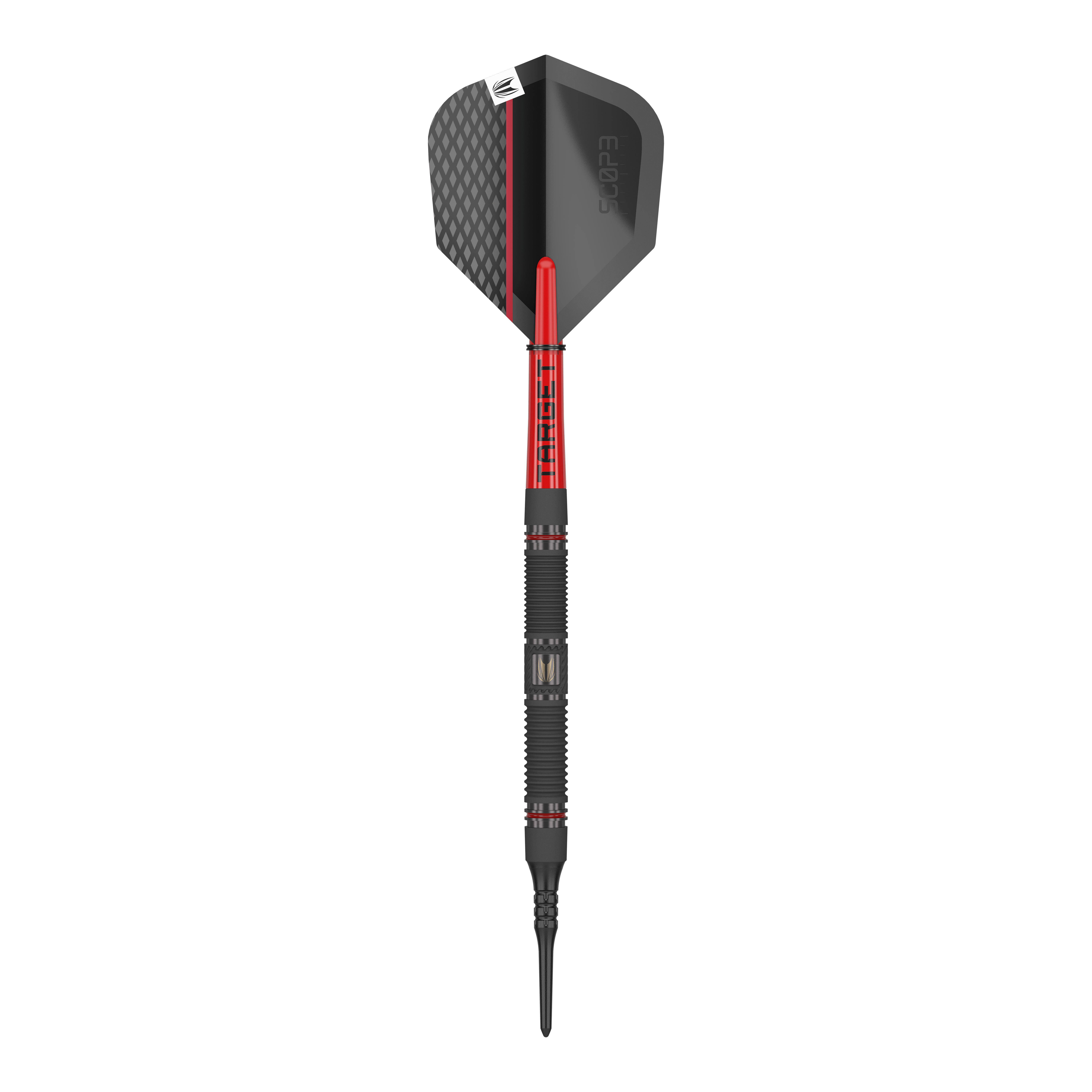Mirino 10 freccette morbide Das Bild zeigt einen Target Scope 10 Softdart. Der Dartpfeil hat ein schwarzes und rotes Design mit einer strukturierten Spitze und einer schwarzen Flight.