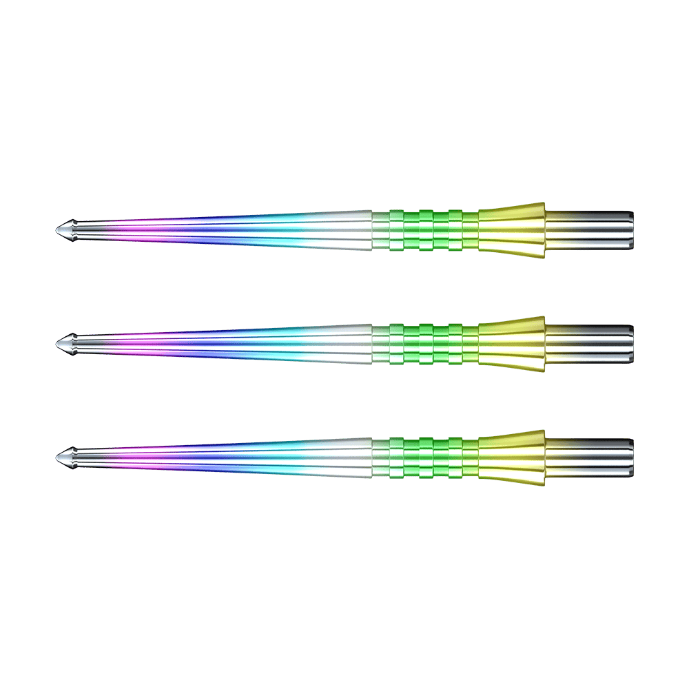 X0576_Red_Dragon_Raptor_GT_Rainbow_Point_Steeldartspitzen_1 Das Bild zeigt drei bunte Dartspitzen des Produkts „RedDragon Raptor GT Rainbow Points Spitzen“. Sie haben einen metallischen Glanz und leuchten in verschiedenen Regenbogenfarben.