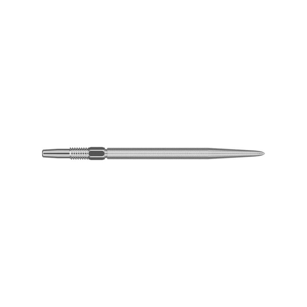 Puntali Target Swiss Point Nano Dart - Argento Dies ist eine silberne Dartspitze mit feiner Riffelung. Sie ist lang und schmal geformt und hat eine glatte Spitze.