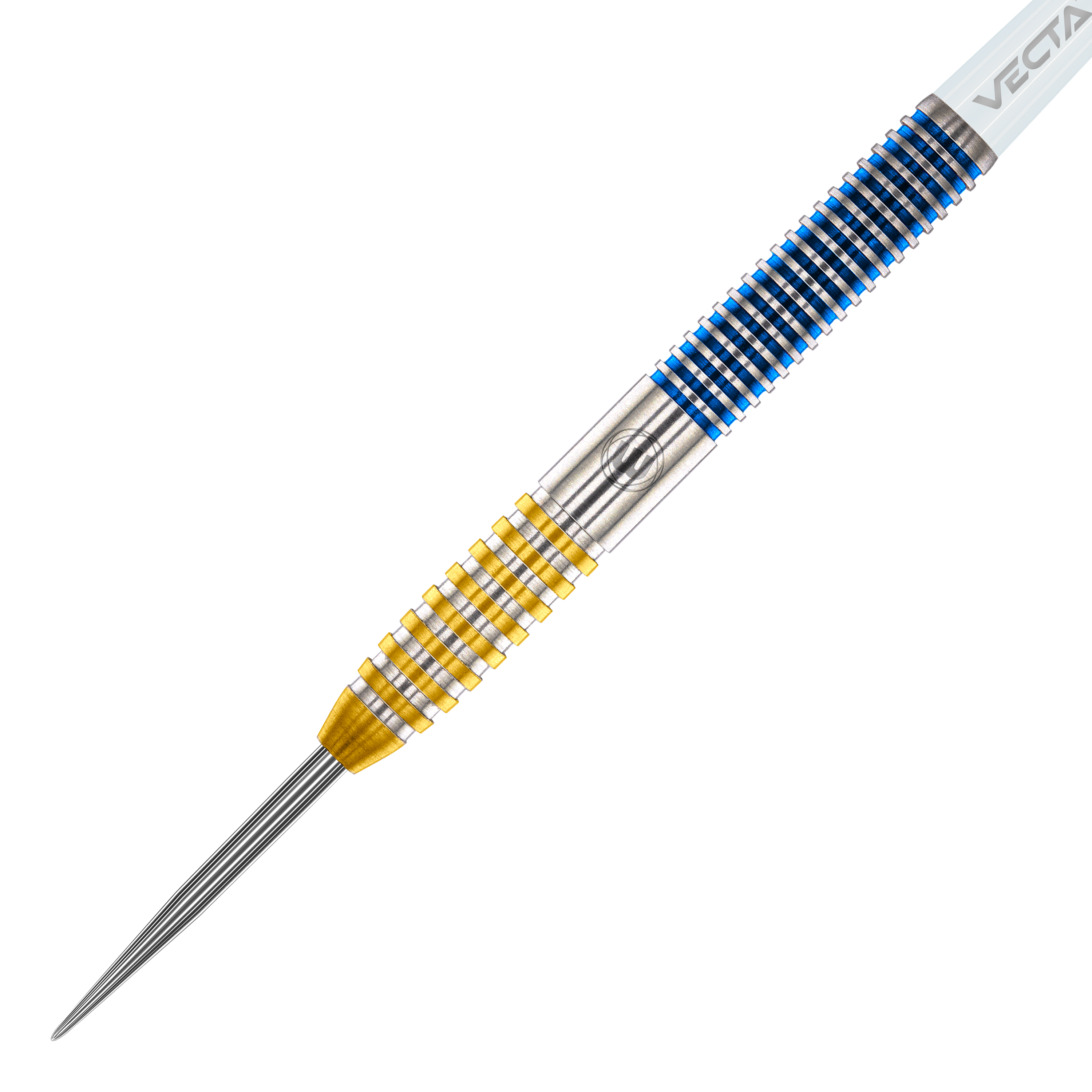 Freccette in acciaio Winmau Daryl Gurney SC 1.0 Series - 23 g Das Bild zeigt einen Winmau Daryl Gurney SC 1.0 Series Steeldart mit einem Gewicht von 23 Gramm. Der Dart hat ein auffälliges Design mit gelben und blauen Ringen am Griff.