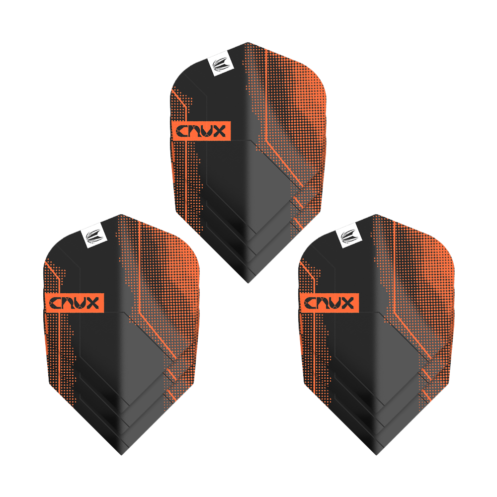 Target Pro Ultra Crux No6 Flights - 3 set - 3 set Das Bild zeigt drei Sets von Target Pro Ultra Crux No6 Flights. Die Flights sind schwarz mit orangefarbenen Akzenten und dem Schriftzug "Crux".