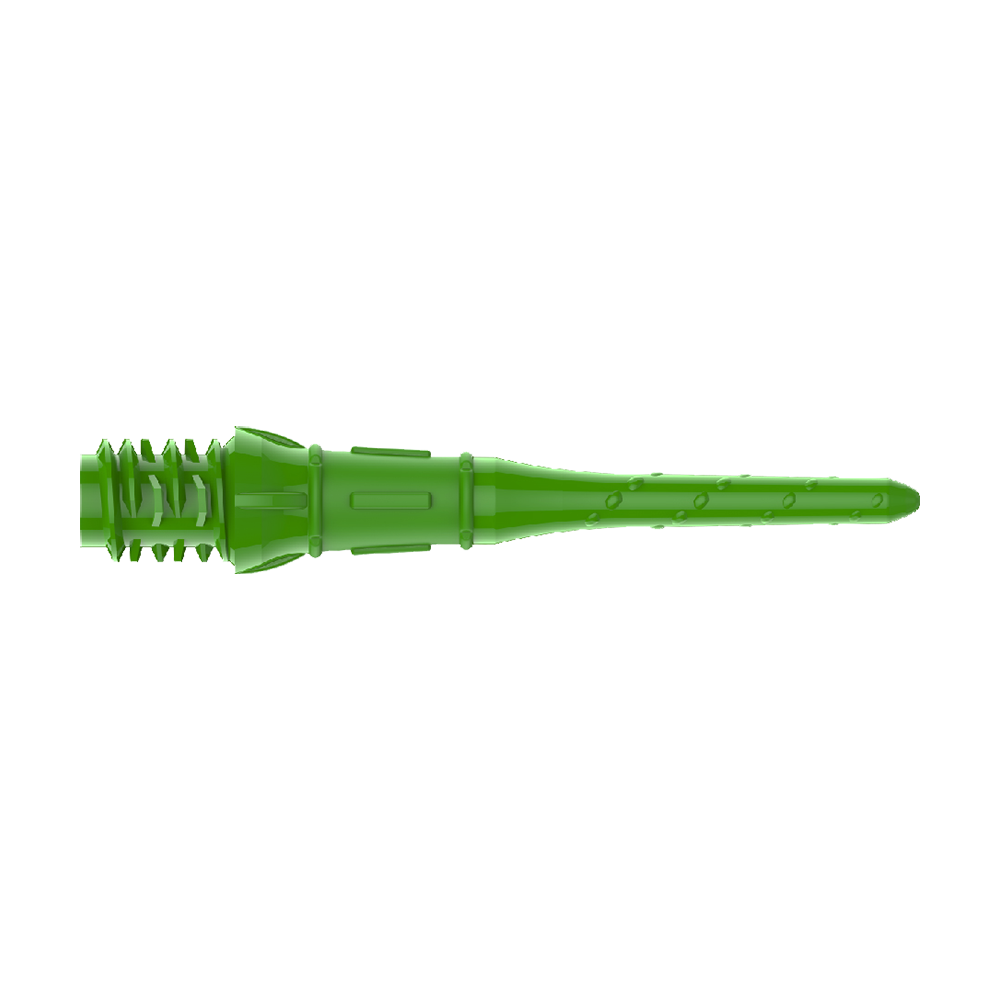 Das Bild zeigt eine grüne Kunststoffspitze für Softdarts. Sie hat ein geriffeltes Gewinde und eine schlanke, längliche Form.