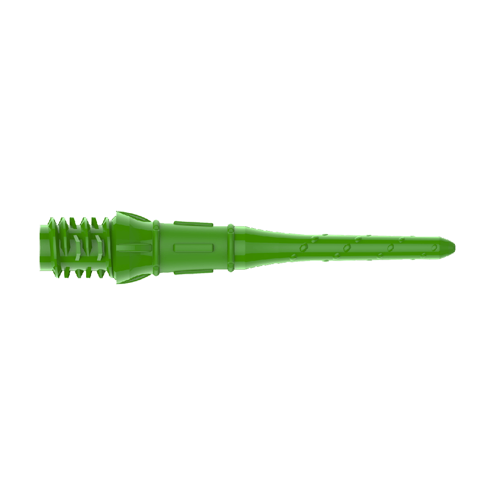 Premium Lippoints (30er Pack) - Spitzen Das Bild zeigt eine grüne Kunststoffspitze für Softdarts. Sie hat ein geriffeltes Gewinde und eine schlanke, längliche Form.