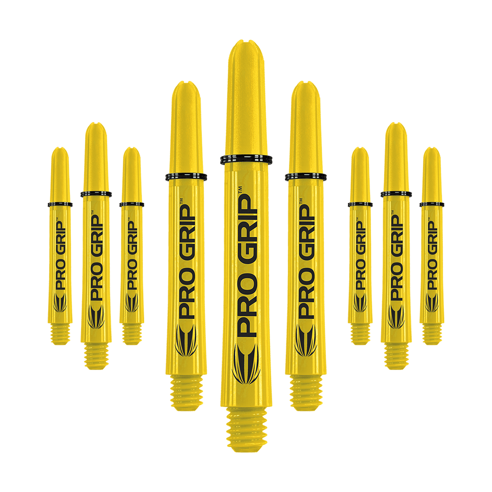 Target Pro Grip Shafts - 3 set - Giallo Das Bild zeigt mehrere gelbe Dartschäfte mit der Aufschrift "PRO GRIP". Die Schäfte sind in einer Reihe angeordnet und haben ein einheitliches Design.