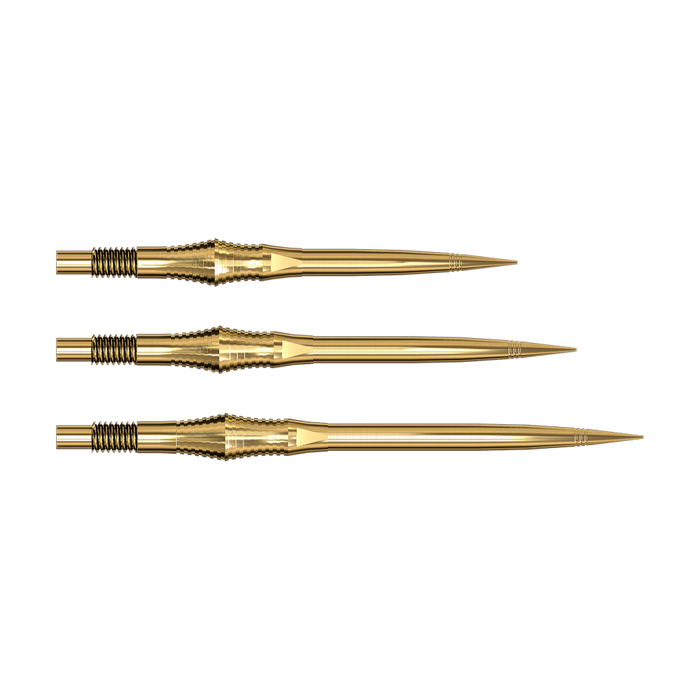 Die Spire Gold Elite Series Dartspitzen sind abgebildet. Sie sind goldfarben und schlank gebaut.