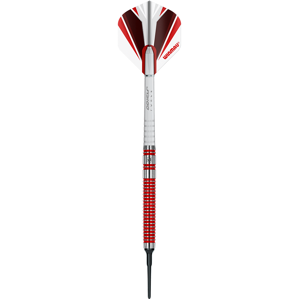 2429_Winmau_Overdrive_Softdarts_1JFsfRHw6pkaup Das Bild zeigt einen Winmau Overdrive Softdart mit einem Gewicht von 20 Gramm. Der Dart hat ein silbernes und rotes Design mit einem roten Winmau-Flight.