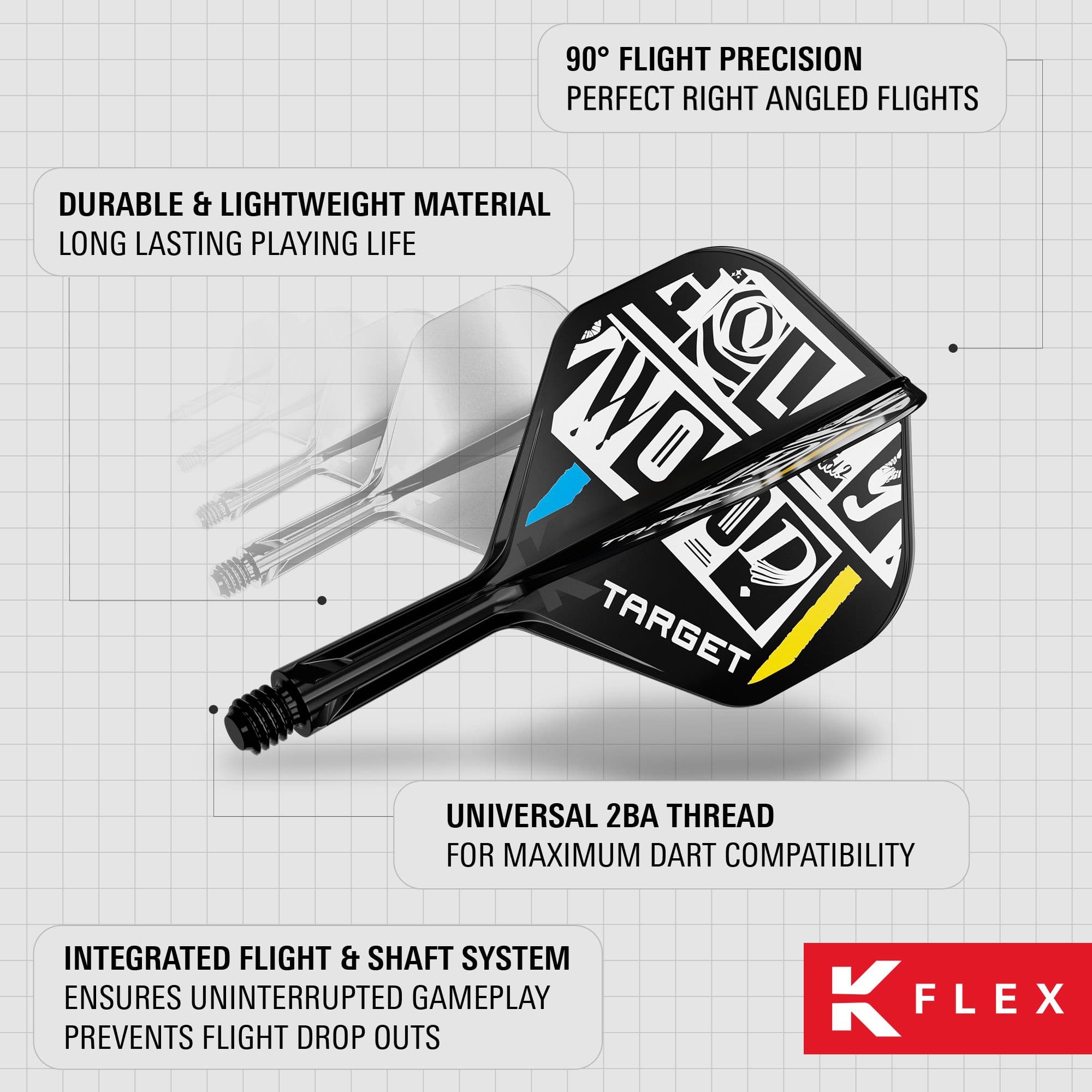 Sistema di alberi di volo standard Target K-Flex Chris Dobey No2 Das Bild zeigt das Produkt "Target K-Flex Chris Dobey No2 Standard Flights" für Darts. Es hebt die langlebigen und leichten Materialien, die präzisen 90°-Flüge sowie das integrierte Flight- und Schaftsystem hervor.