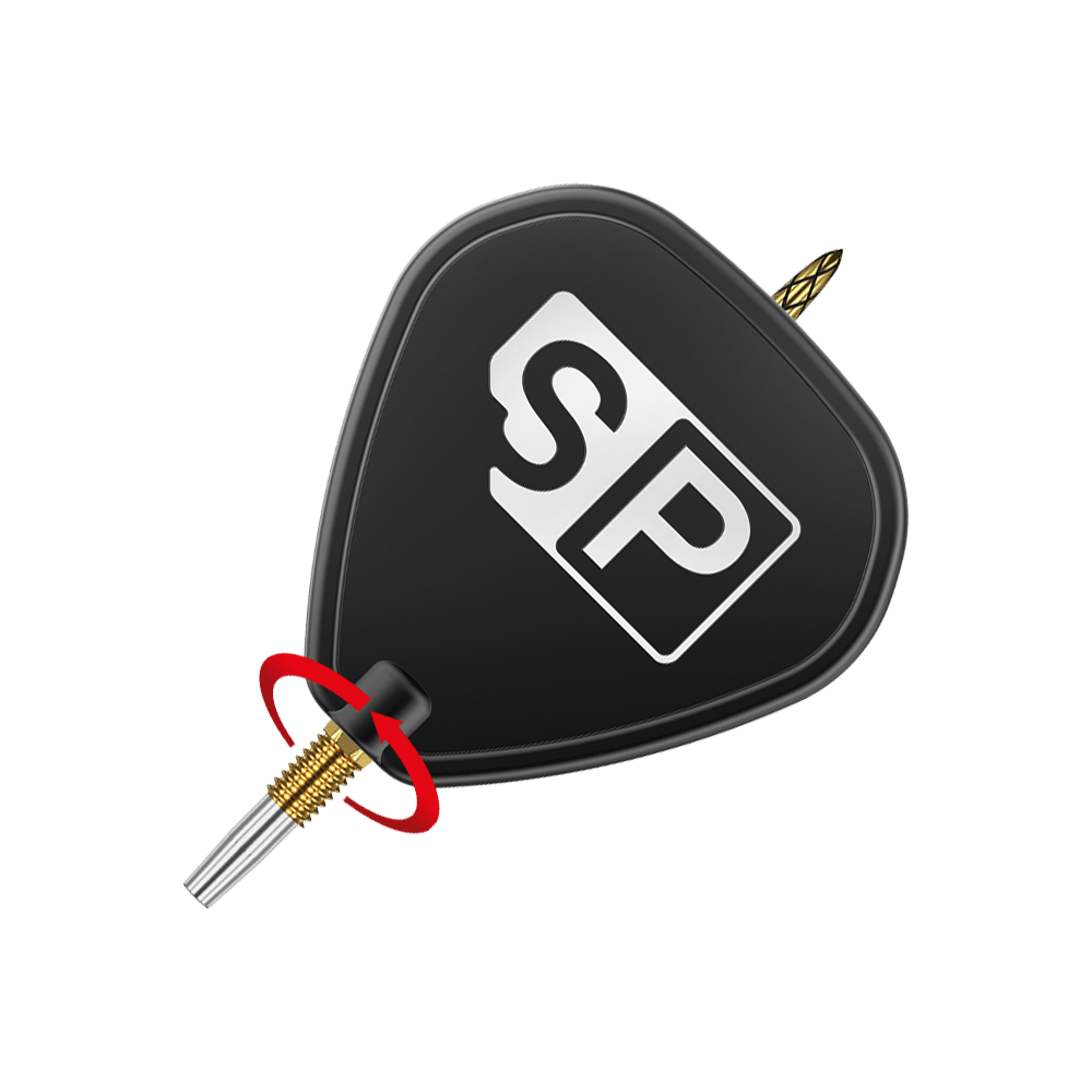 Puntali per freccette Target Swiss DS Surge Point - Oro Das Bild zeigt eine schwarze Dartspitze mit der Aufschrift "SP" auf dem Flight. Ein roter Pfeil zeigt eine Drehbewegung an der goldenen Verschraubung der Spitze.