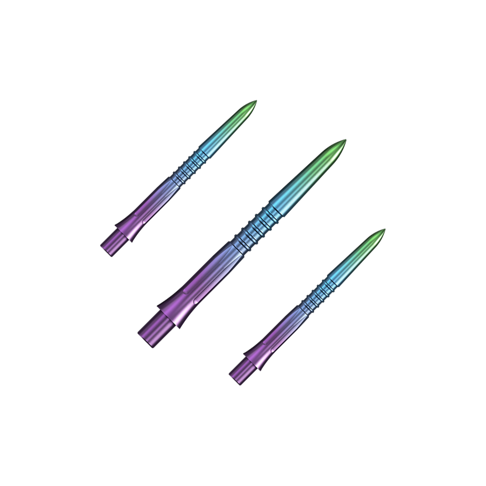 Punte per freccette Mission Caliburn EVO GV1 - Arcobaleno Das Bild zeigt Steeldartspitzen in Regenbogenfarben mit einer Länge von 26 mm. Es handelt sich um ein Set namens Mission Caliburn EVO GV1.