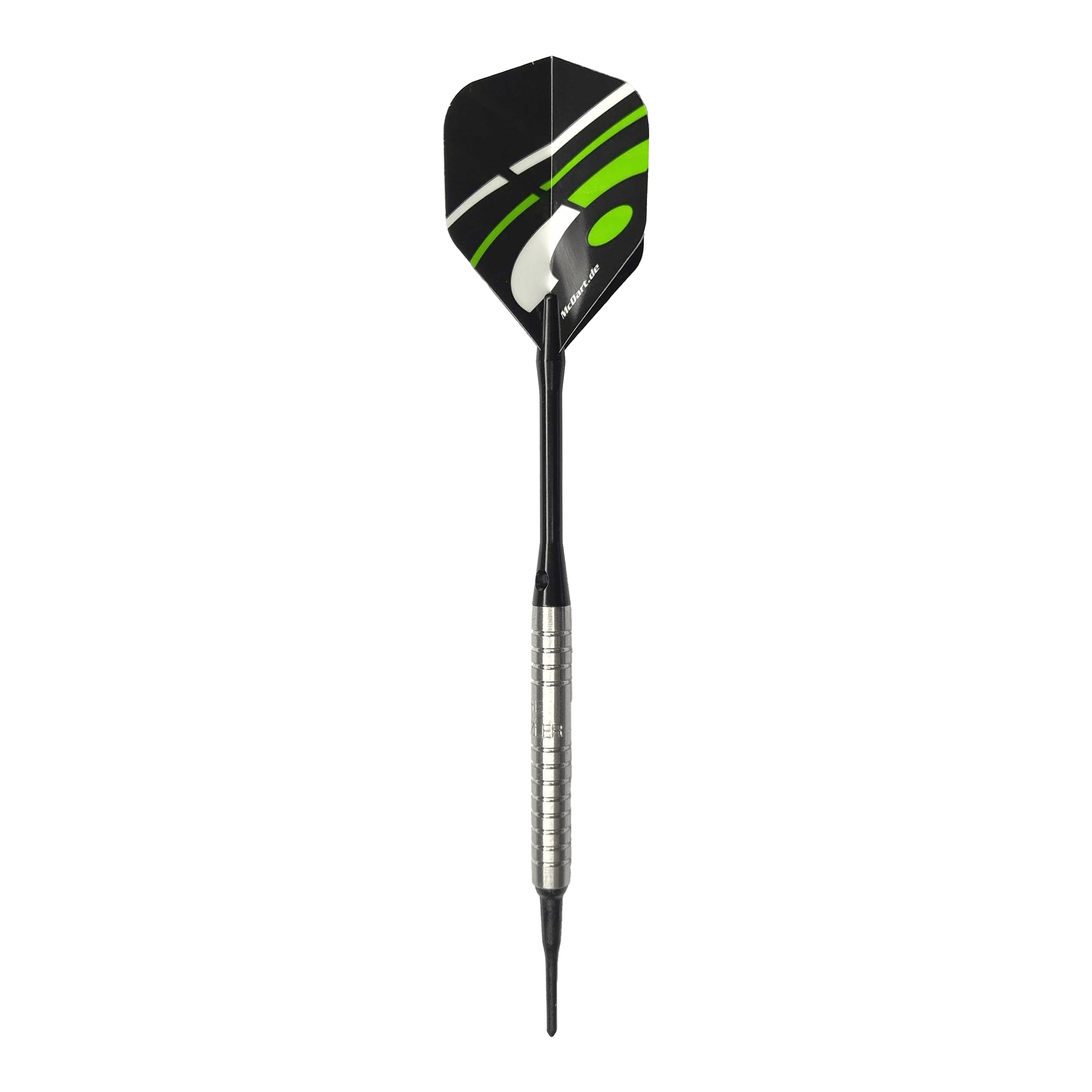Freccette morbide McDart 85 Tungsten V16 - 16,5 g Das Bild zeigt einen McDart 85er Tungsten V16 Softdart mit einem Gewicht von 16,5g. Der Dart besitzt einen silbernen, gerillten Barrel und schwarze sowie grüne Akzente auf dem Flight.