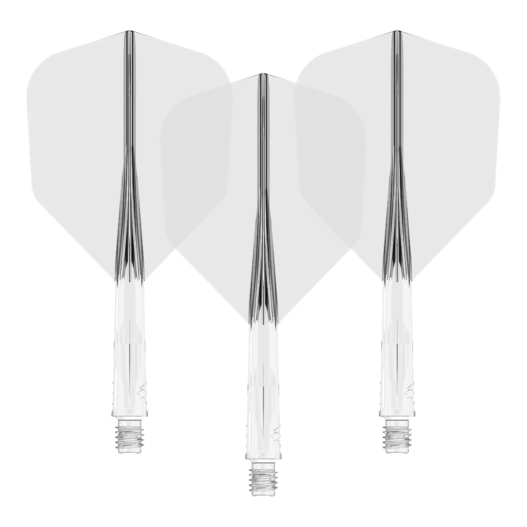 Auf dem Bild sind drei klare Dart-Flights mit passenden transparenten Schäften zu sehen. Sie sind nebeneinander angeordnet und zeigen eine einheitliche, schlichte Optik.