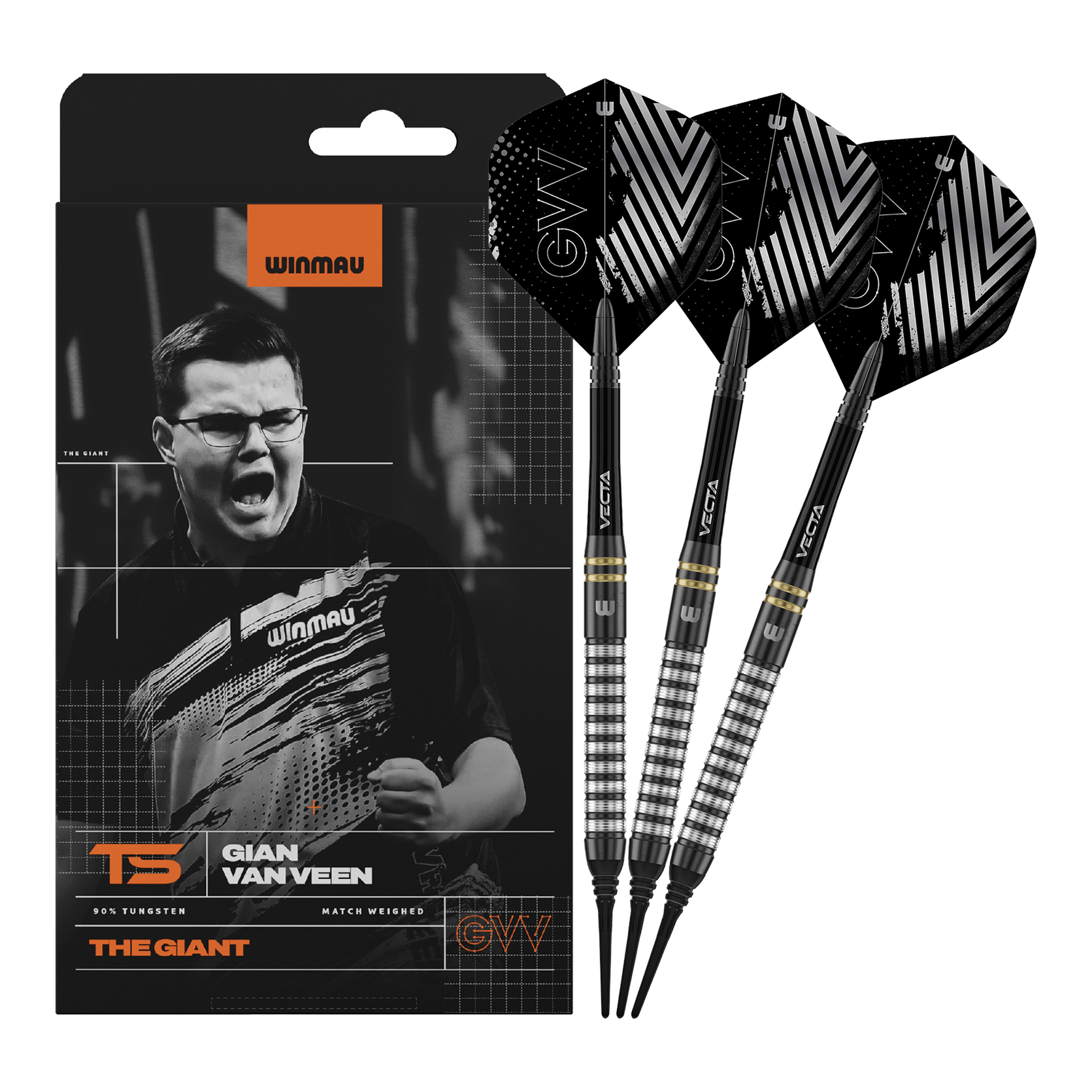 Winmau Gian Van Veen TS freccette morbide - 18g Winmau Gian Van Veen TS Softdarts mit 18g werden komplett dargestellt. Alle drei Darts sind zusammen zu sehen.