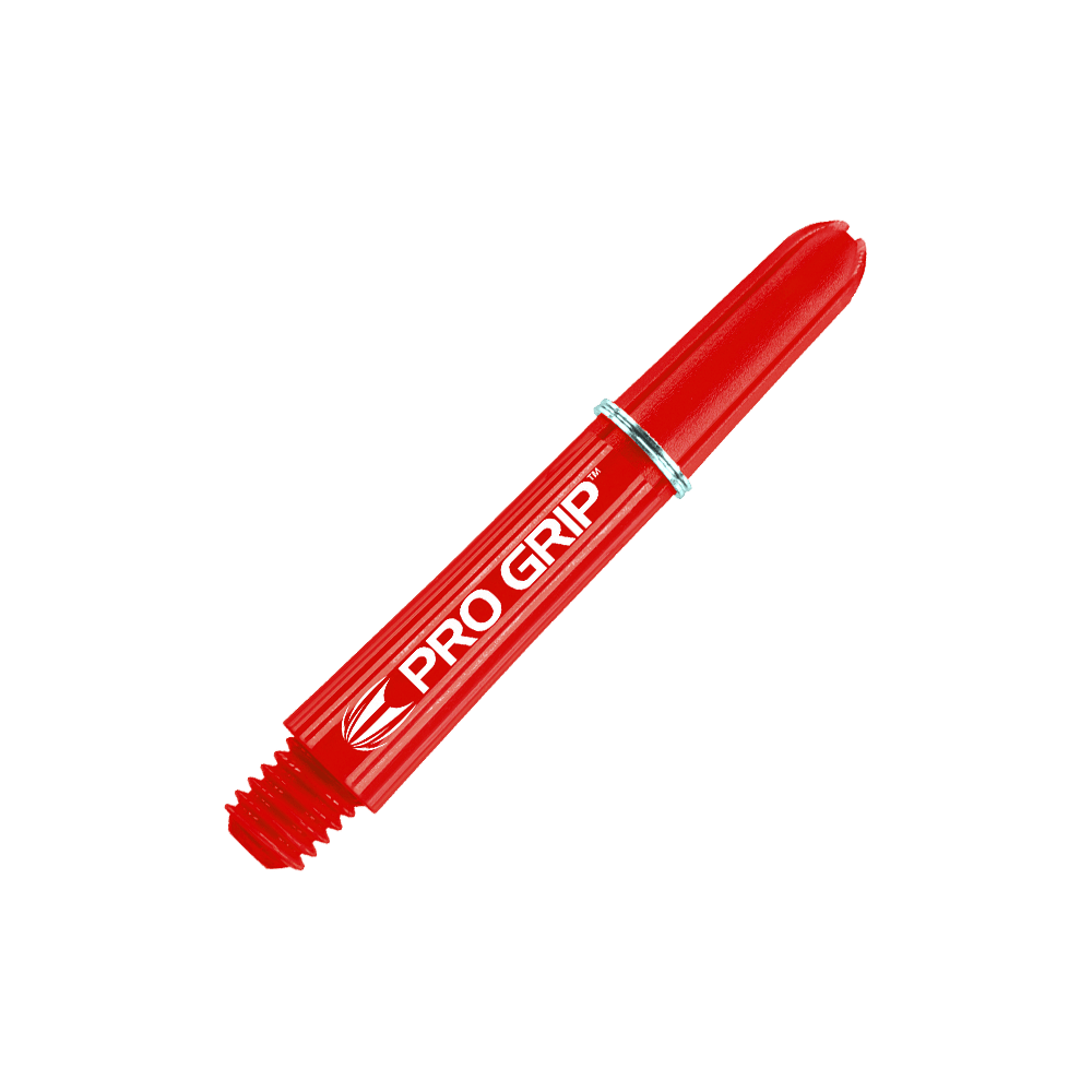 Target Pro Grip Shafts - 3 set - Rosso Das Bild zeigt einen roten Dartshaft mit der Aufschrift „PRO GRIP“. Der Schaft hat einen silbernen Ring in der Mitte.