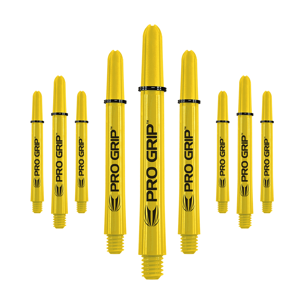 Target Pro Grip Shafts - 3 set - Giallo Das Bild zeigt neun gelbe Dartschäfte mit der Aufschrift "PRO GRIP". Sie sind in drei Reihen angeordnet und haben schwarze Ringe zur Befestigung.