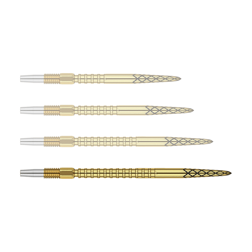 Punte per freccette Target Swiss DS Surge Point - Oro Das Bild zeigt vier goldene Dartspitzen mit einem silbernen Gewinde. Die Spitzen haben ein schwarz eingraviertes Rautenmuster.