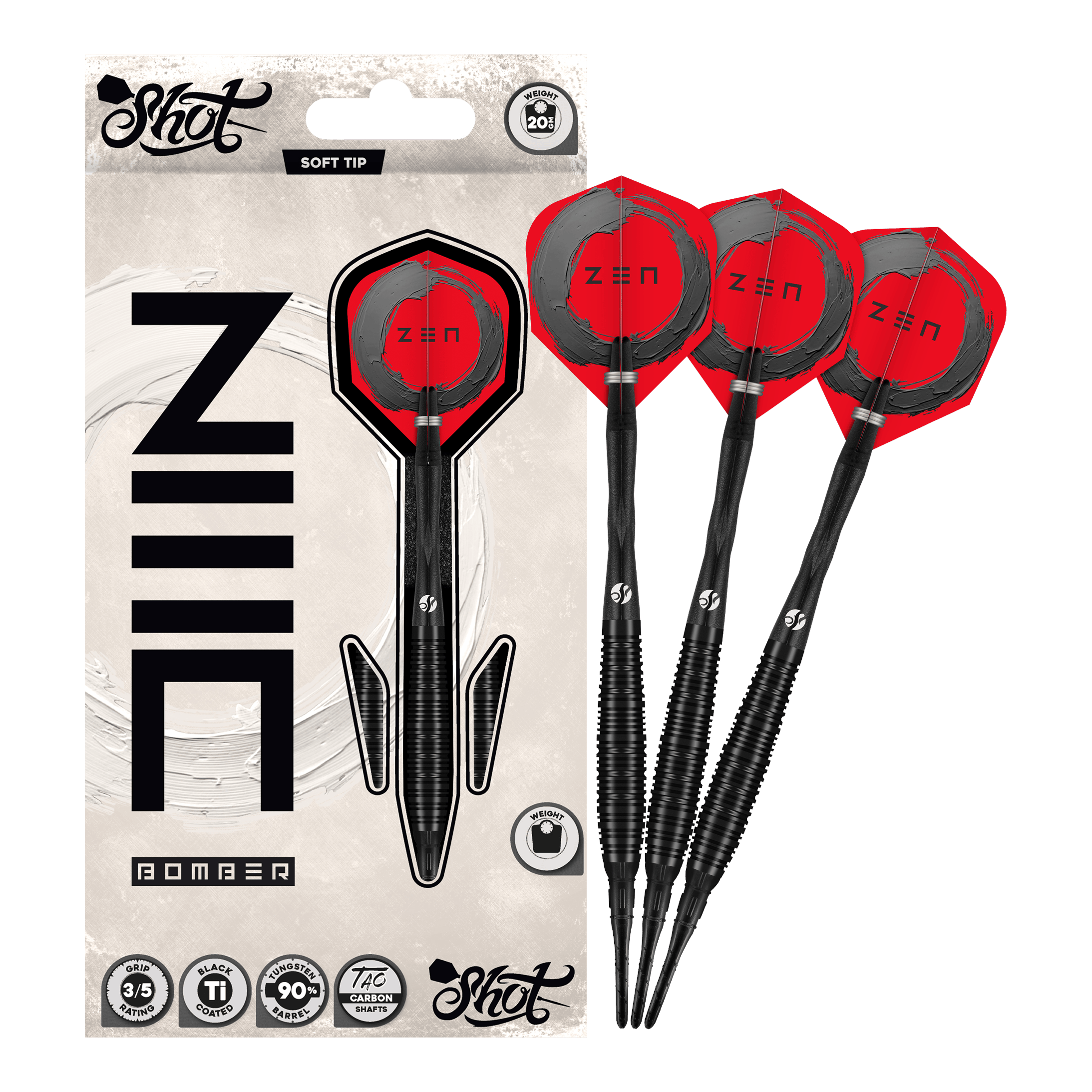 Freccette morbide Shot ZEN Bomber - 20 g Zu sehen sind die Shot ZEN Bomber Softdarts - 20g. Sie zeichnen sich durch ihre spezielle Form und das ansprechende Aussehen aus.