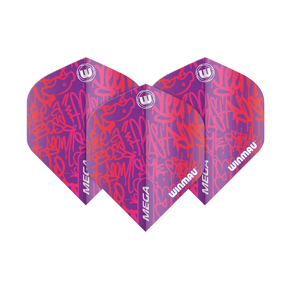 6900-242_Winmau_Mega_Red_Standard_Flights_1oVXq1sjGdsTcj Das Bild zeigt drei Winmau Mega Red Standard Flights für Darts. Sie sind überwiegend rot und lila mit auffälligen grafischen Mustern und dem Winmau-Logo.