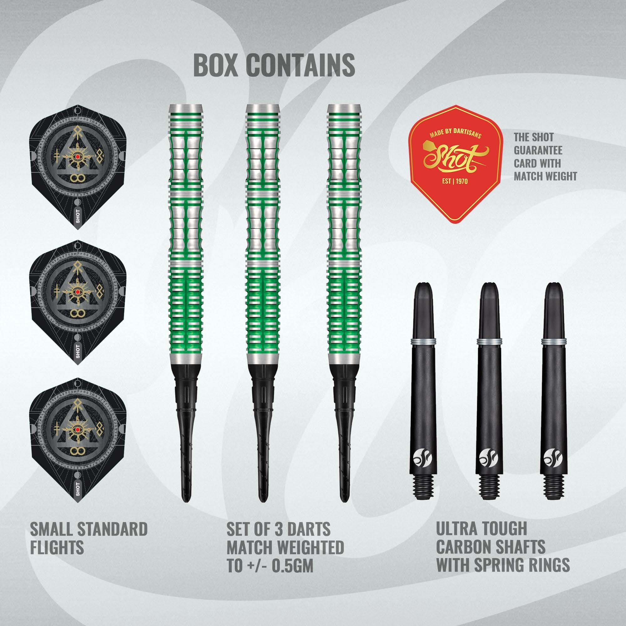 Freccette morbide Shot Alchemy Mythril - 20 g Hier sind die Shot Alchemy Mythril Softdarts - 20g abgebildet. Die Darts sind für das Spiel an Softdart-Automaten gedacht.