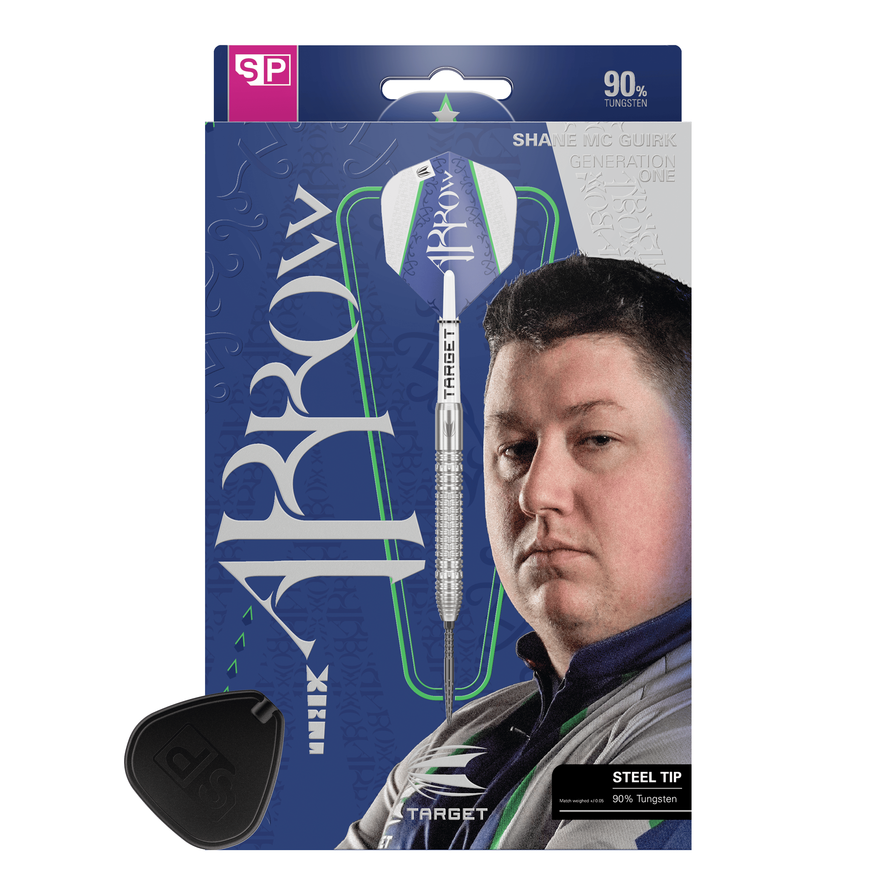 Freccette Target Shane McGuirk GEN1 Swiss Point Steel - 23 g Das Bild zeigt die Verpackung der "Target Shane McGuirk GEN1 Swiss Point Steeldarts - 23g". Auf der Verpackung ist ein Dartpfeil und das Porträt eines Mannes abgebildet.