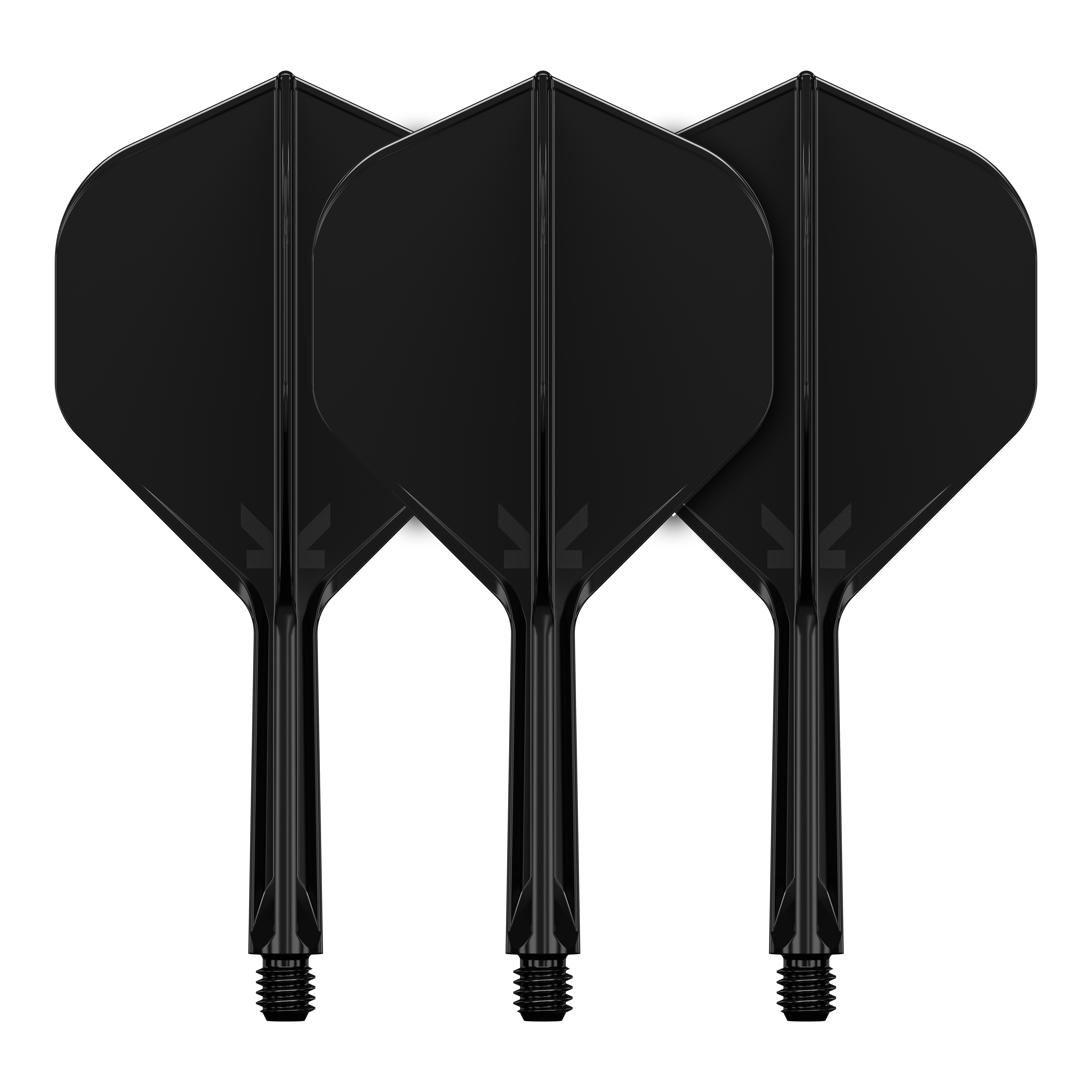 Target K-Flex No2 Standard Flight System - Nero Das Bild zeigt drei schwarze Dartflights mit integrierten Schäften. Sie sind nebeneinander angeordnet und haben ein schlichtes, einfarbiges Design.