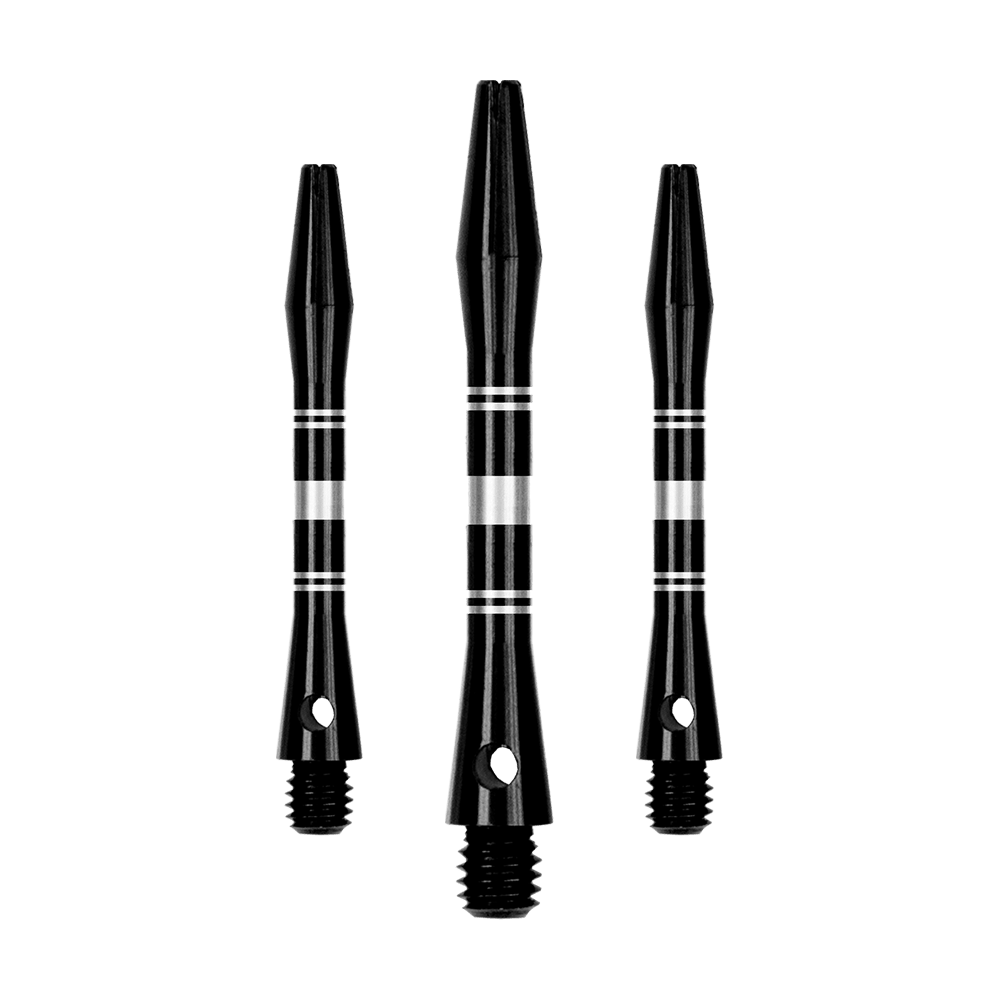Alberi in alluminio con anelli - Nero Argento Dieses Bild zeigt ein Set von Aluminium Shafts in Schwarz und Silber. Mehrere Komponenten des Sets sind sichtbar dargestellt.
