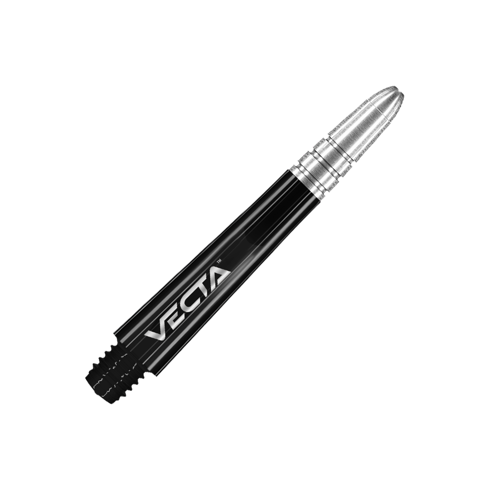 Auf dem Bild ist ein schwarzer und silberner Dartshaft mit der Aufschrift "VECTA" zu sehen. Der Shaft hat ein glänzendes Design und ist aus Metall gefertigt.