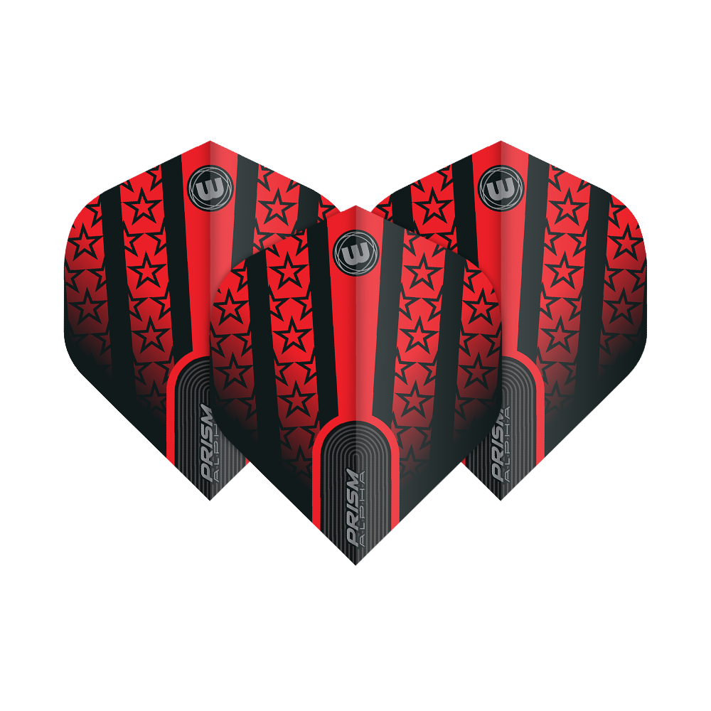 6915-178_Winmau_Prism_Alpha_6915-178_Standard_Flights_1lSdOEcdnHqGOd Das Bild zeigt die Winmau Prism Alpha 6915.178 Standard Flights. Diese Dartflights sind rot-schwarz gestaltet und mit Sternmustern verziert.