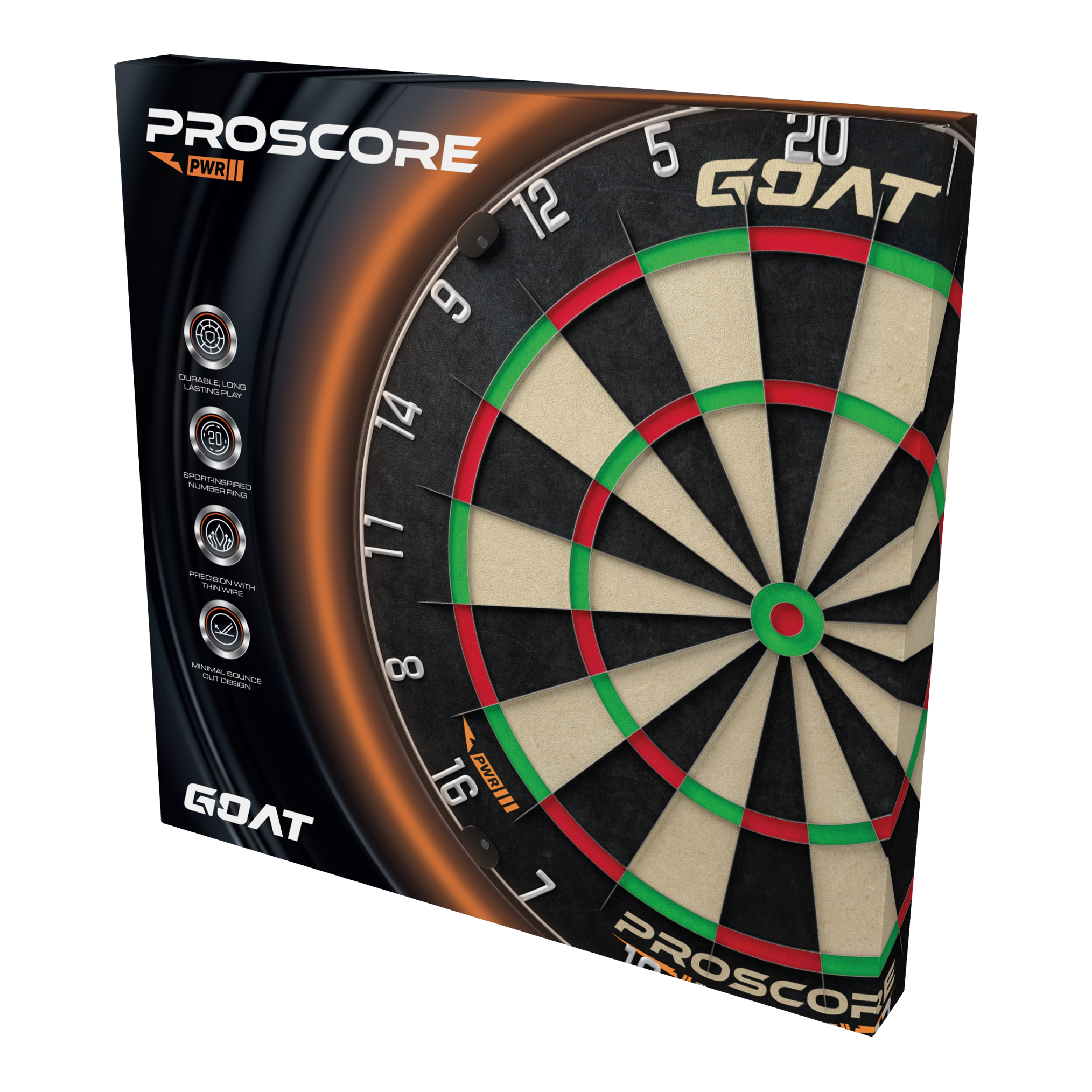Bersaglio per freccette in acciaio GOAT Proscore PWR Die Abbildung zeigt das Produkt „GOAT Proscore PWR Steeldartboard“ in seiner Verpackung. Auf der Box sind das Dartboard und verschiedene Produkthighlights sichtbar.