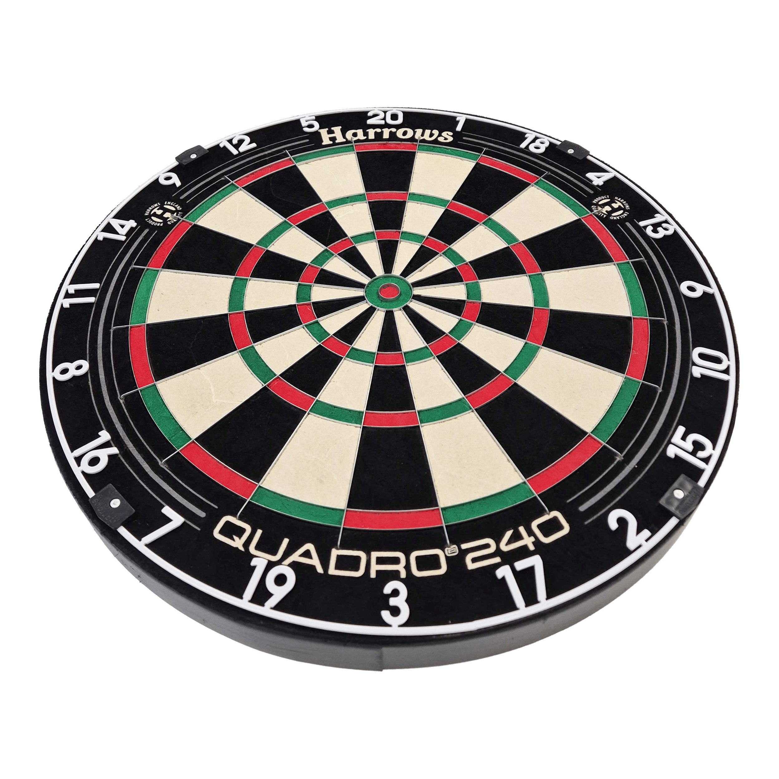 Bersaglio per freccette in acciaio Harrows Quadro 240 Das Bild zeigt das Steeldartboard "Harrows Quadro 240". Die Dartscheibe ist rund und in verschiedene farbige Segmente unterteilt.