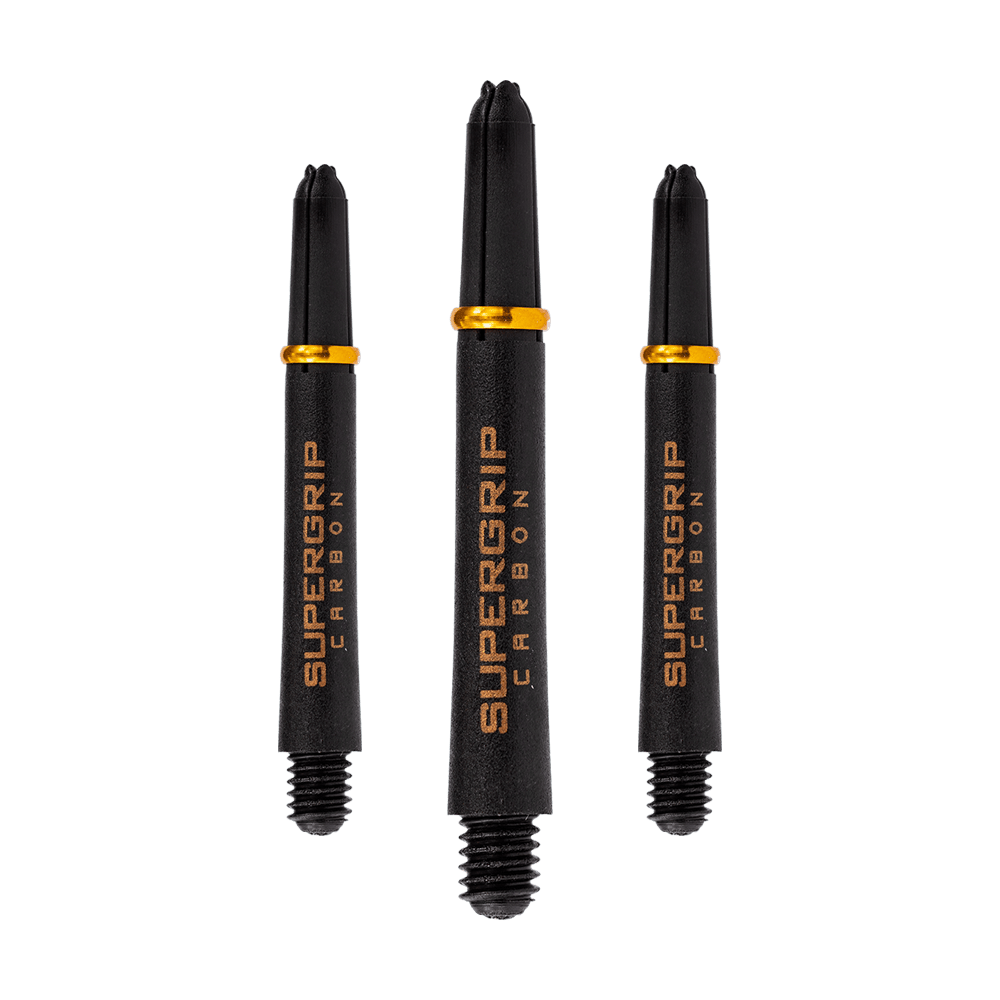 HR352_Harrows_Supergrip_Carbon_Shafts_Gold_40mm_1o5tEOkfaAgVq5 Das Bild zeigt drei schwarze Harrows Supergrip Carbon Shafts mit goldenen Ringen. Die Schäfte sind unterschiedlich lang und haben den Schriftzug "Supergrip Carbon" in goldener Farbe.