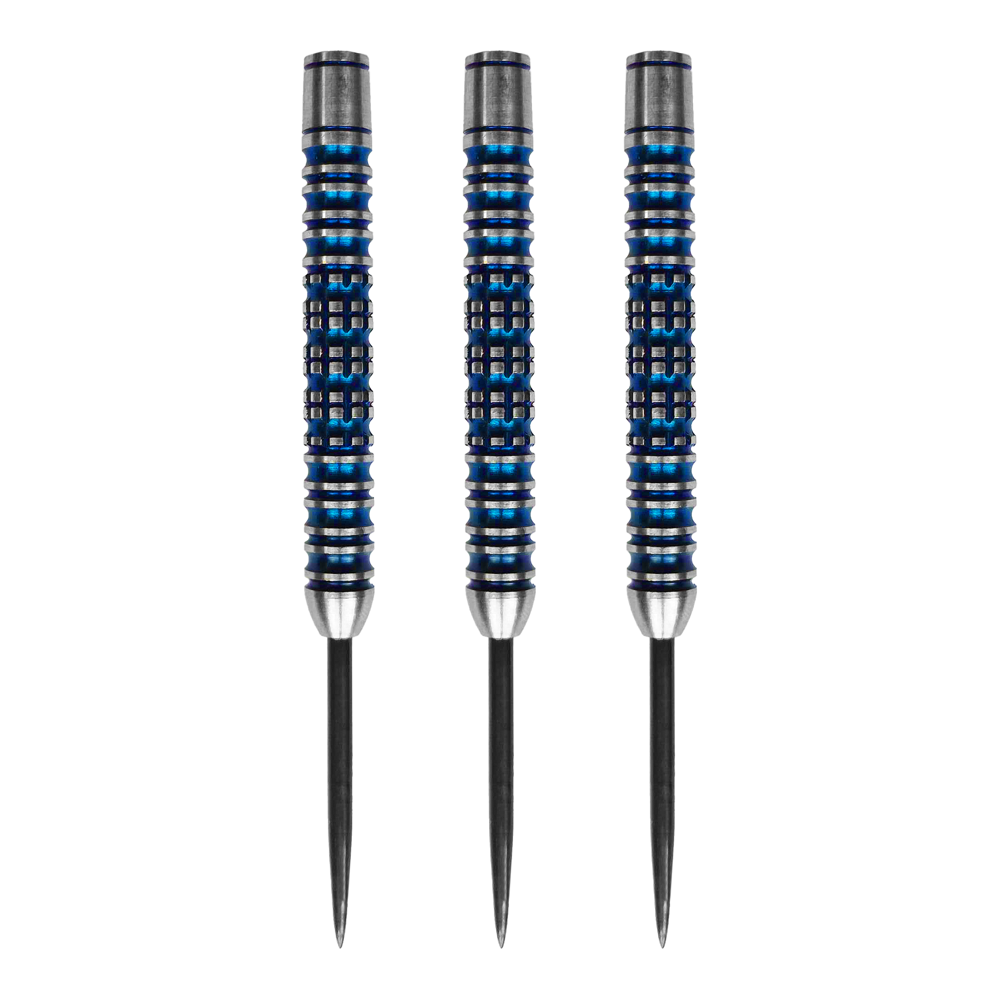 Barili di freccette in acciaio McDart Ocean - 23 g Das Bild zeigt drei McDart Ocean Steeldart Barrels mit einem Gewicht von 23g. Die Barrels sind silberfarben mit blauen Rillen und haben eine strukturierte Oberfläche.