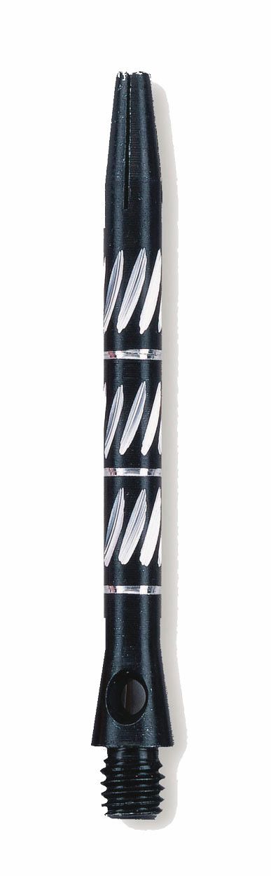 78578_580KGhyc1oWU1HQC Das Bild zeigt einen schwarzen Dartshaft mit weißen Rillenmustern. Es handelt sich um das Produkt "Unicorn World Champion Shafts - Medium".