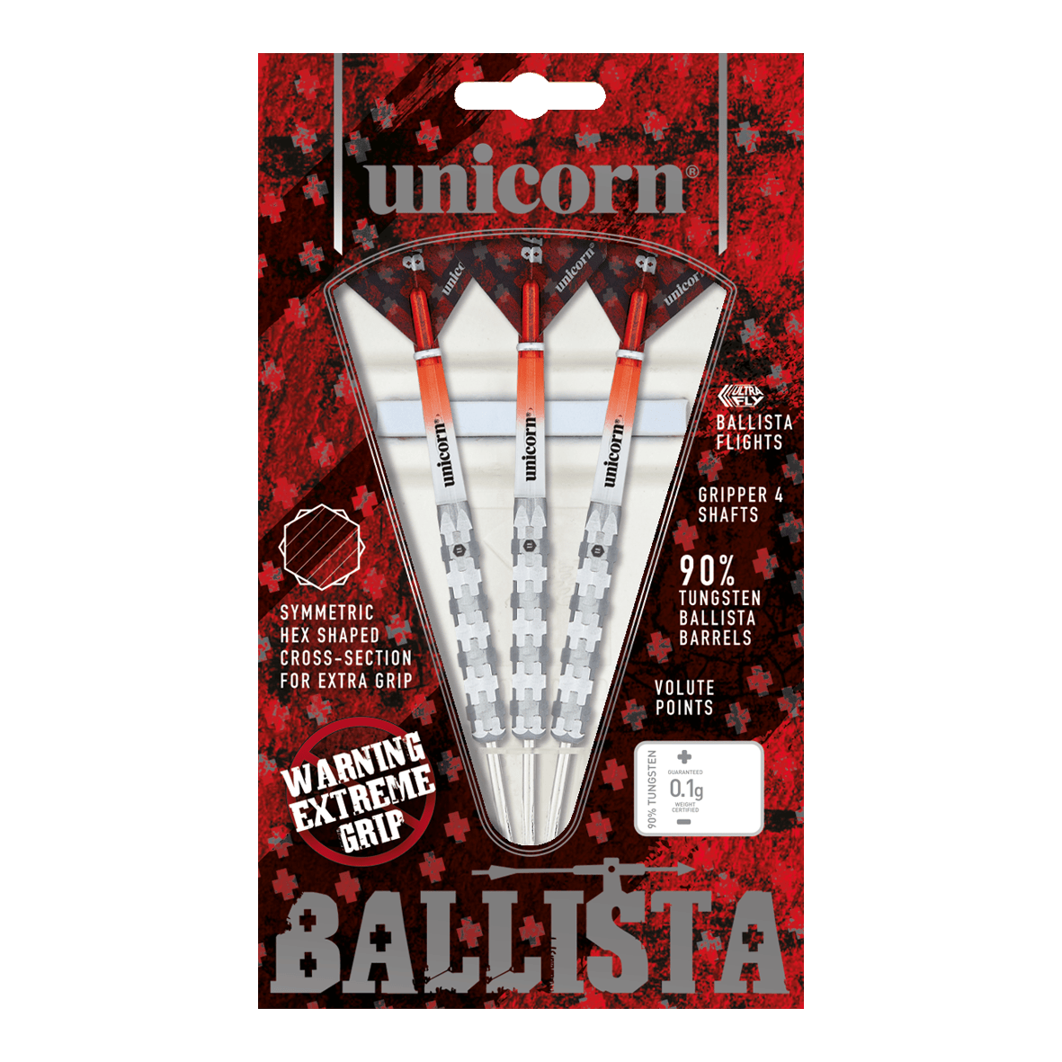 Freccette in acciaio Unicorn Ballista Style 1 Das Bild zeigt die "Unicorn Ballista Style 1 Steeldarts" in ihrer Verpackung. Die Darts haben einen extremen Grip und bestehen zu 90% aus Tungsten.